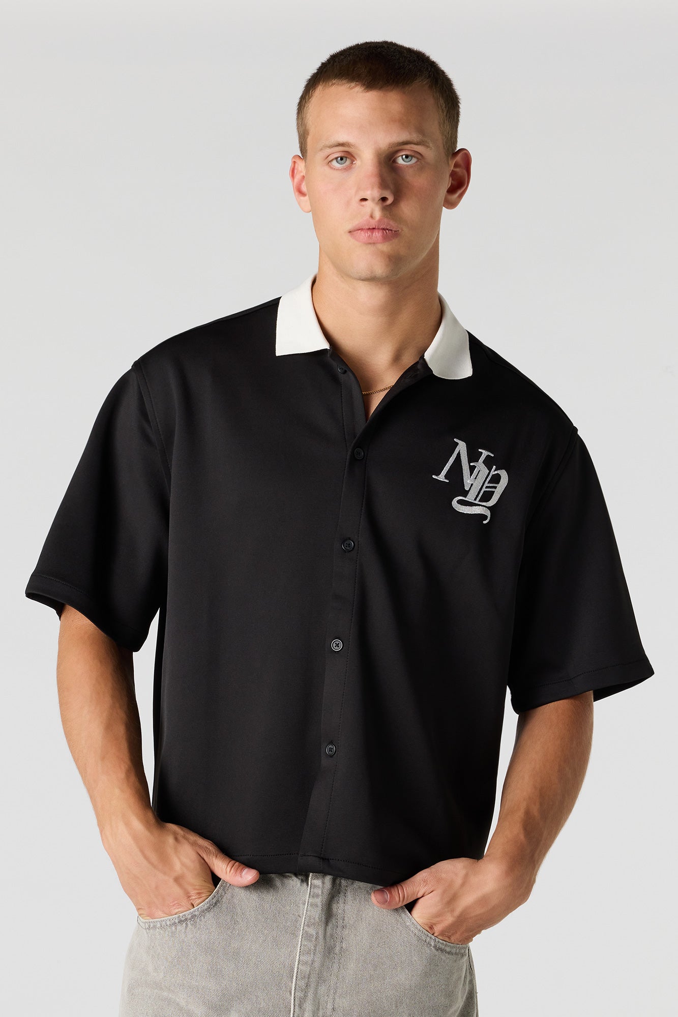 Scuba Embroidered Button-Up Top