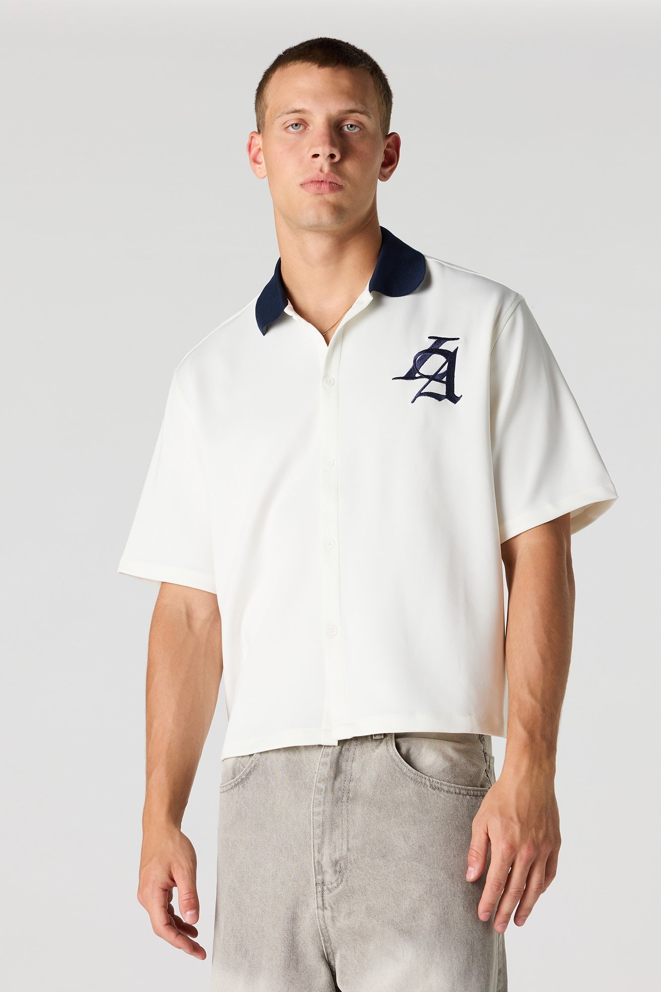 Scuba Embroidered Button-Up Top