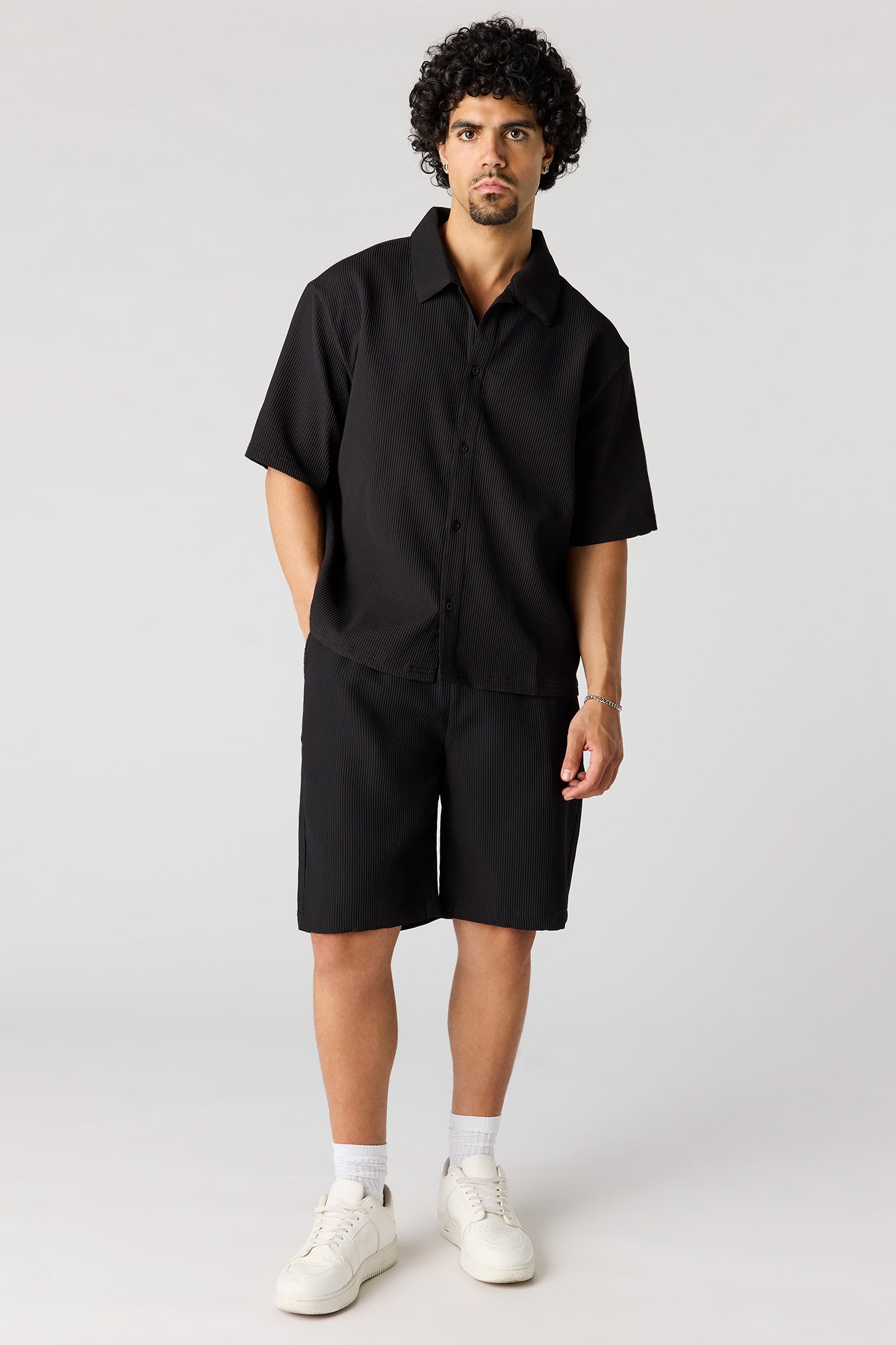 Textured Button-Up Collared Boxy Top