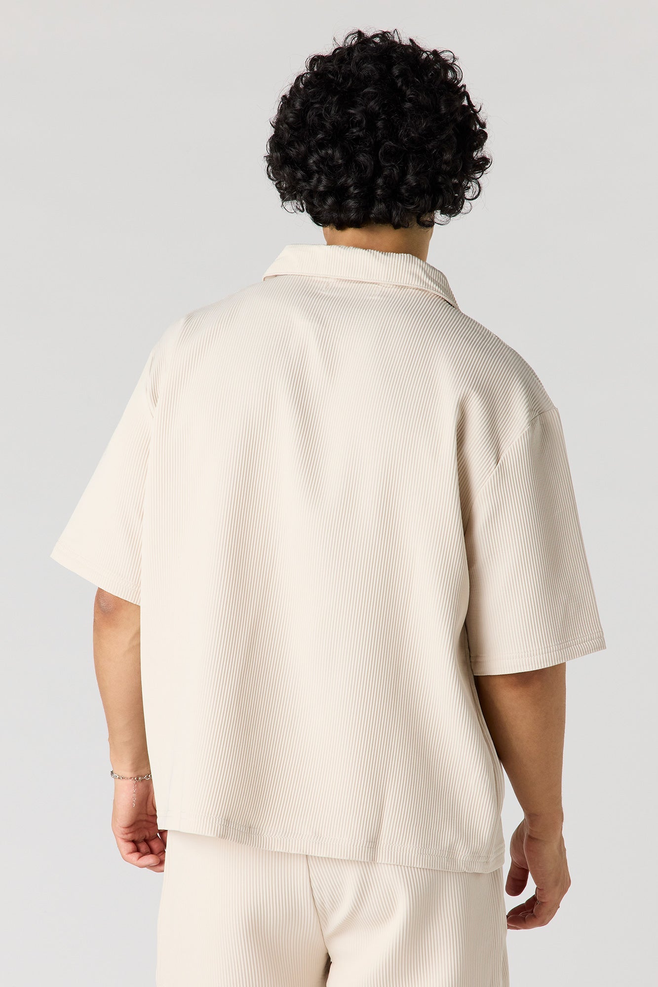 Textured Button-Up Collared Boxy Top