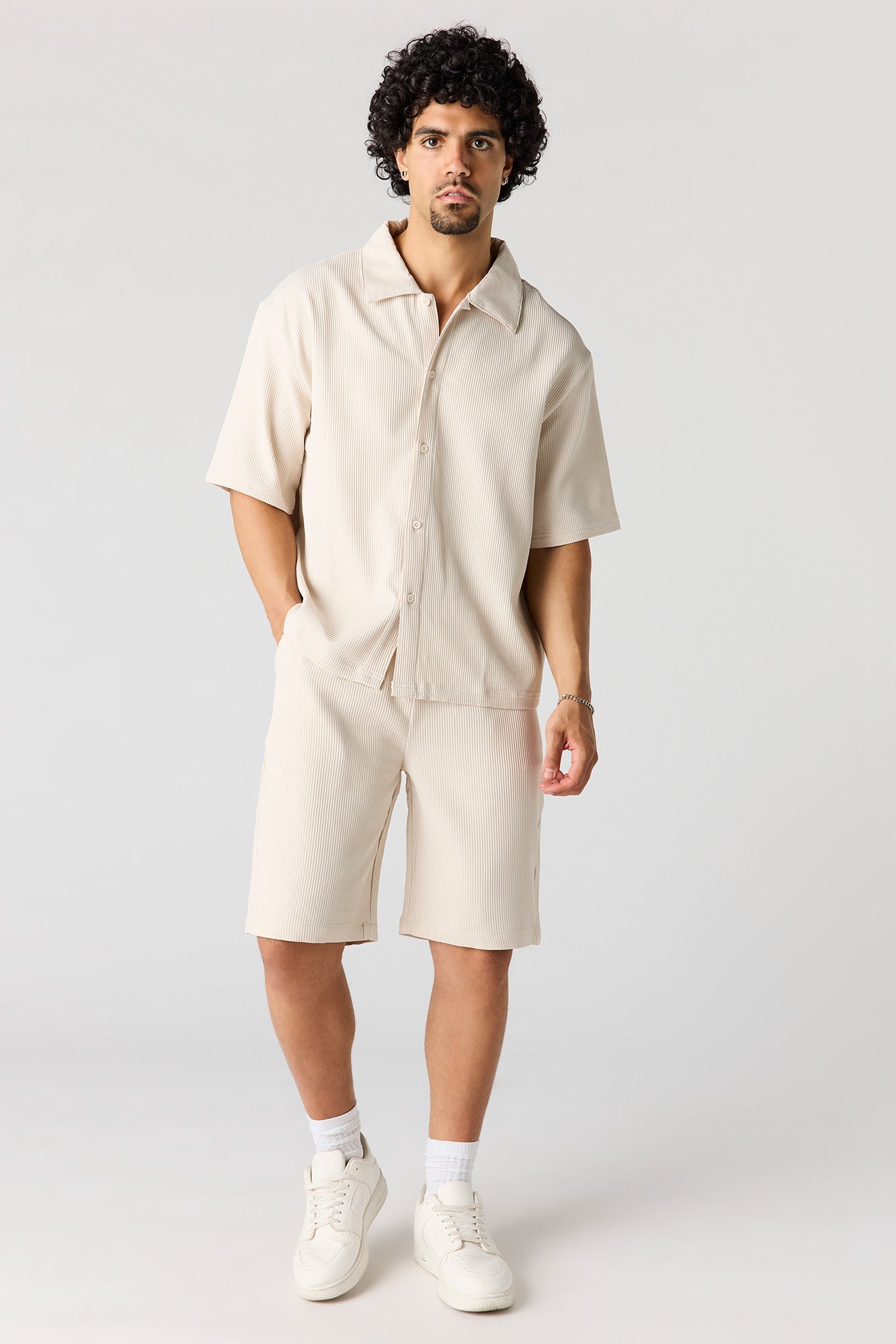 Textured Button-Up Collared Boxy Top