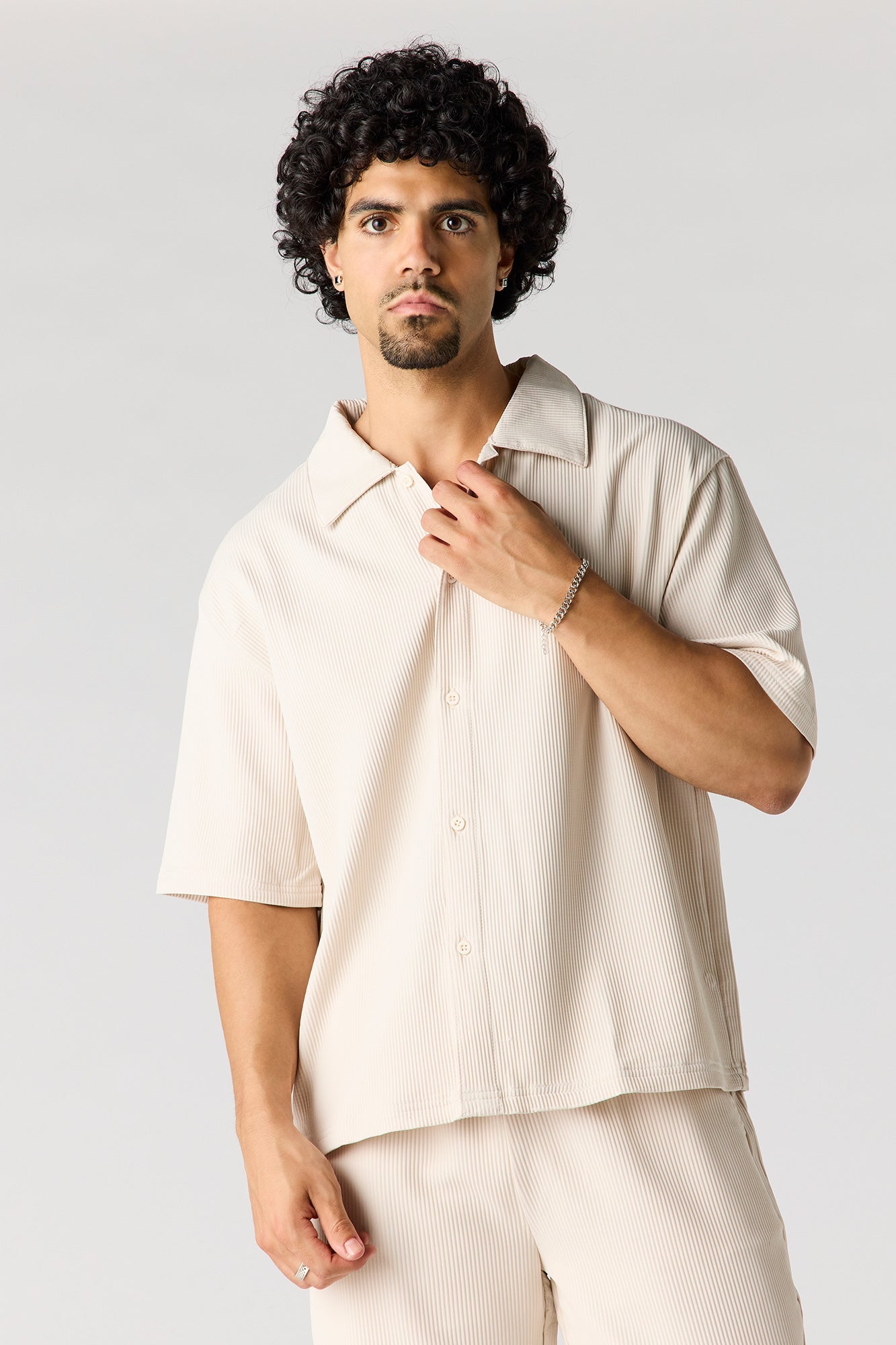 Textured Button-Up Collared Boxy Top