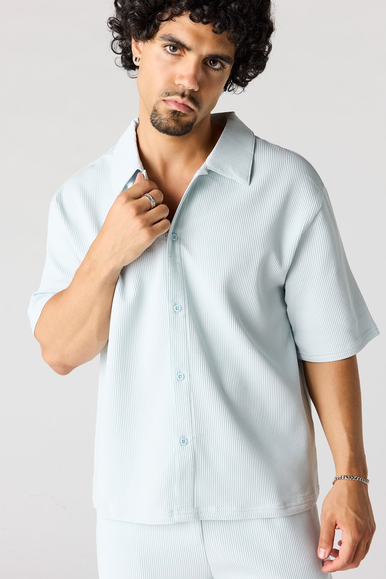 Textured Button-Up Collared Boxy Top