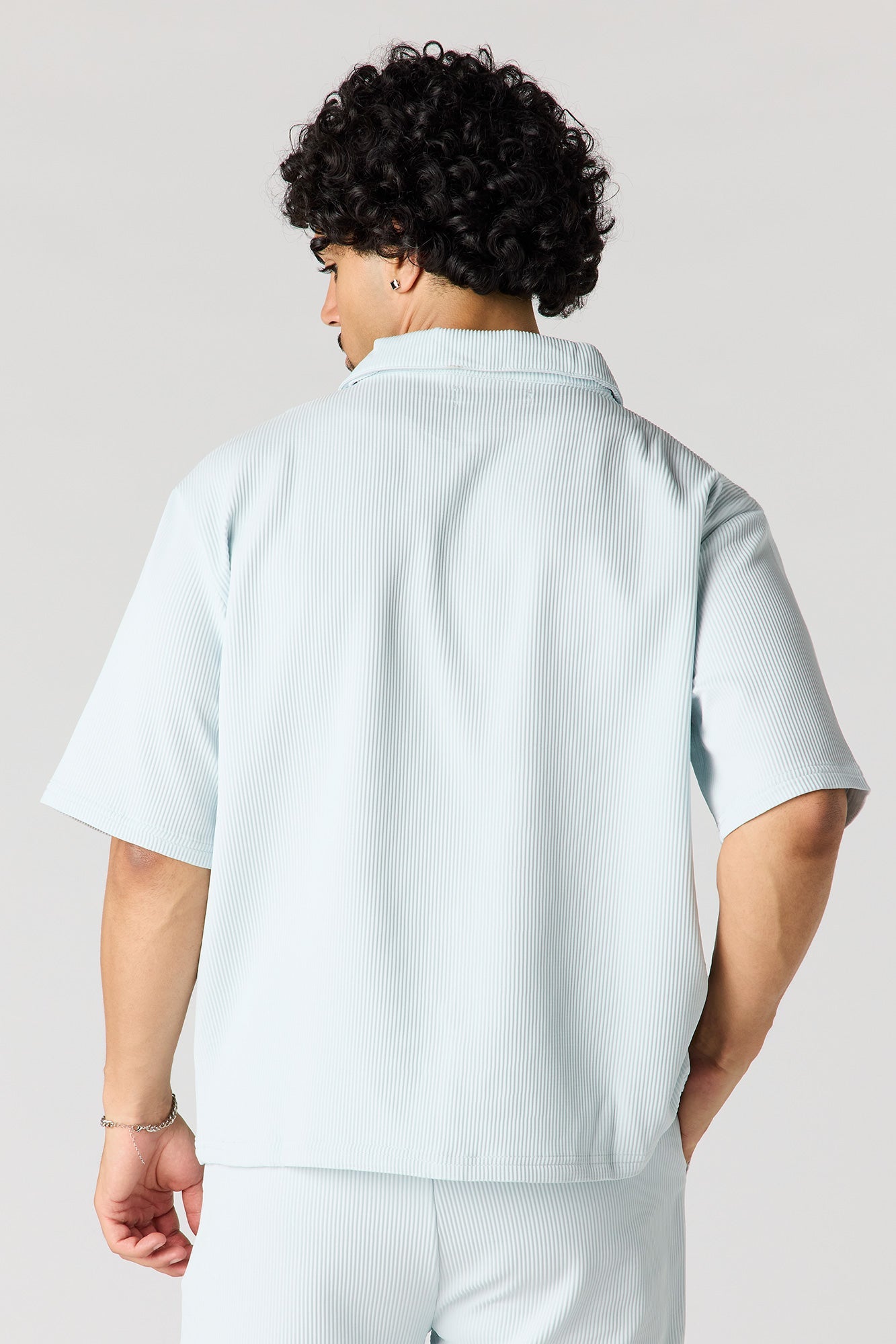 Textured Button-Up Collared Boxy Top