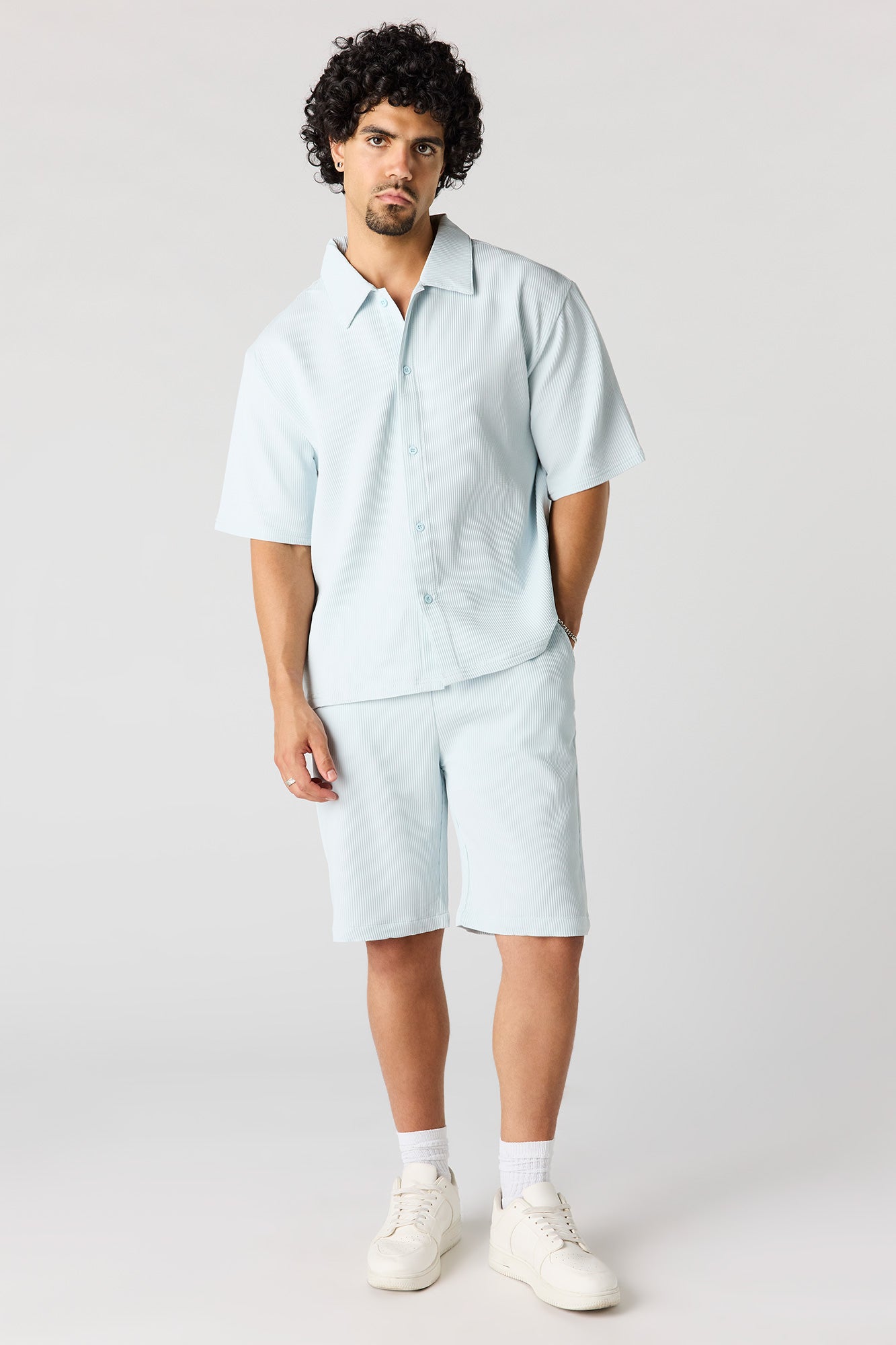 Textured Button-Up Collared Boxy Top