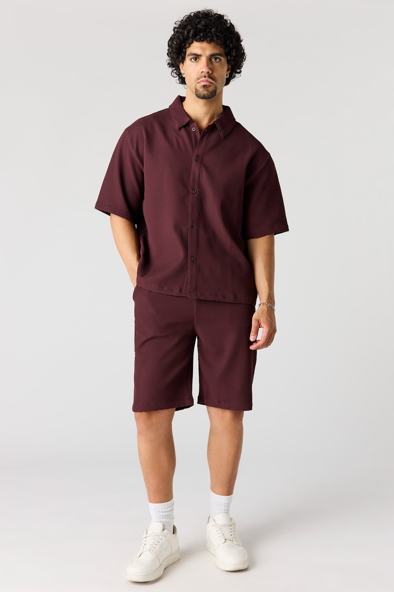 Textured Button-Up Collared Boxy Top