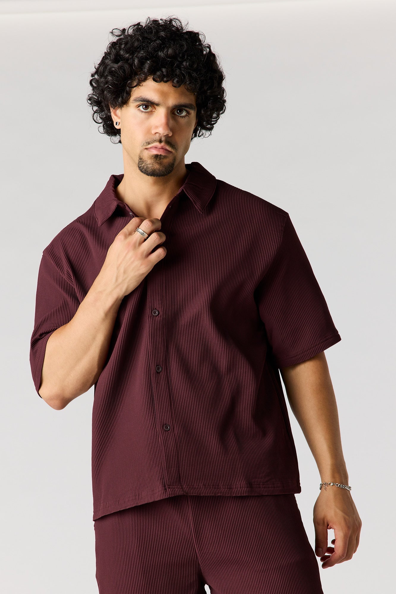 Textured Button-Up Collared Boxy Top