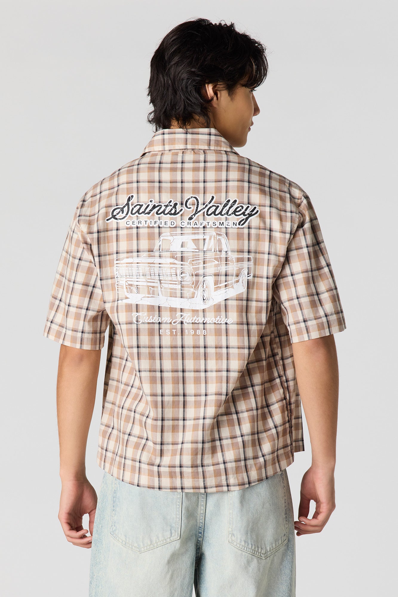 Boxy Plaid Graphic Button-Up Top