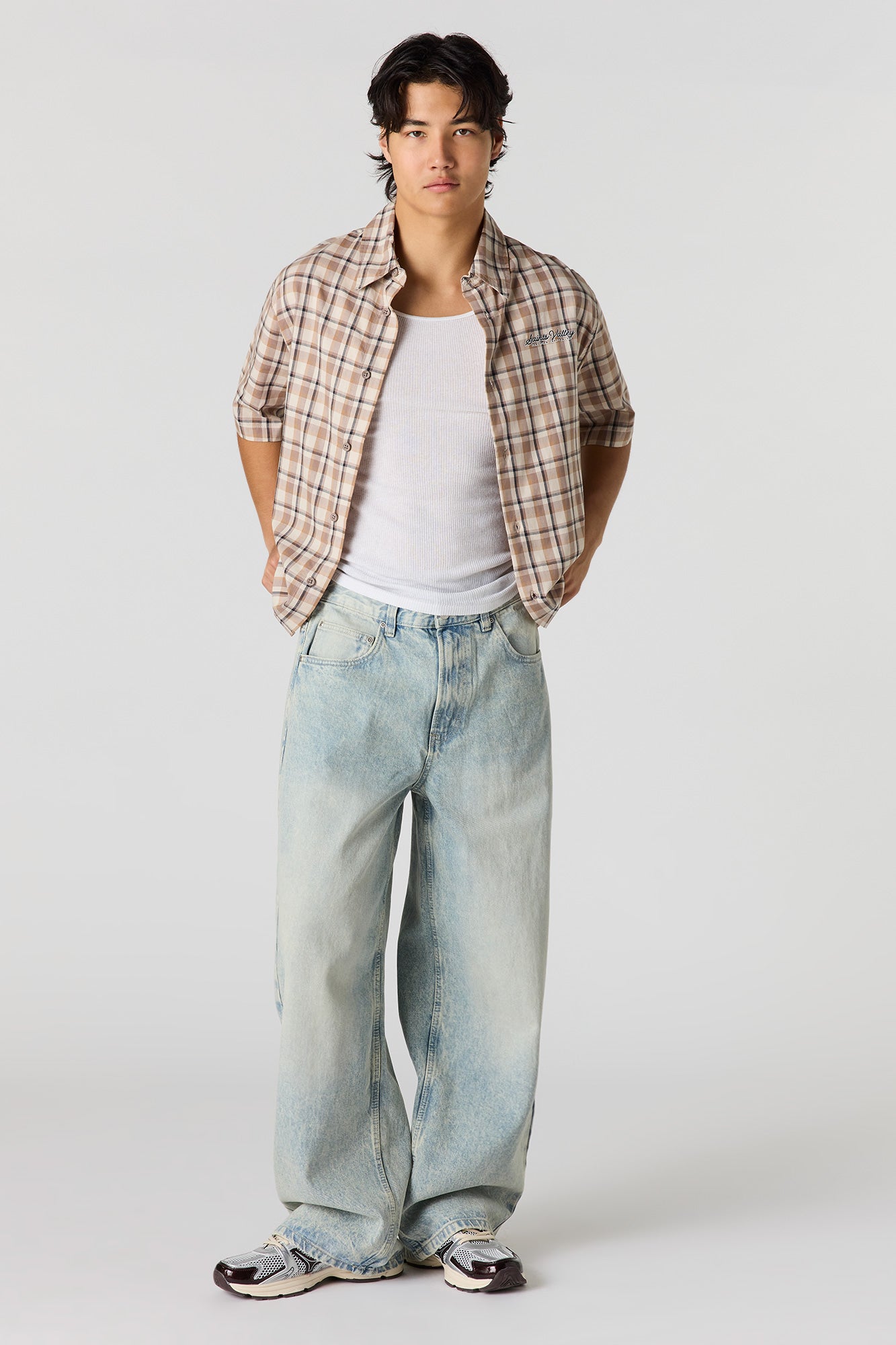 Boxy Plaid Graphic Button-Up Top
