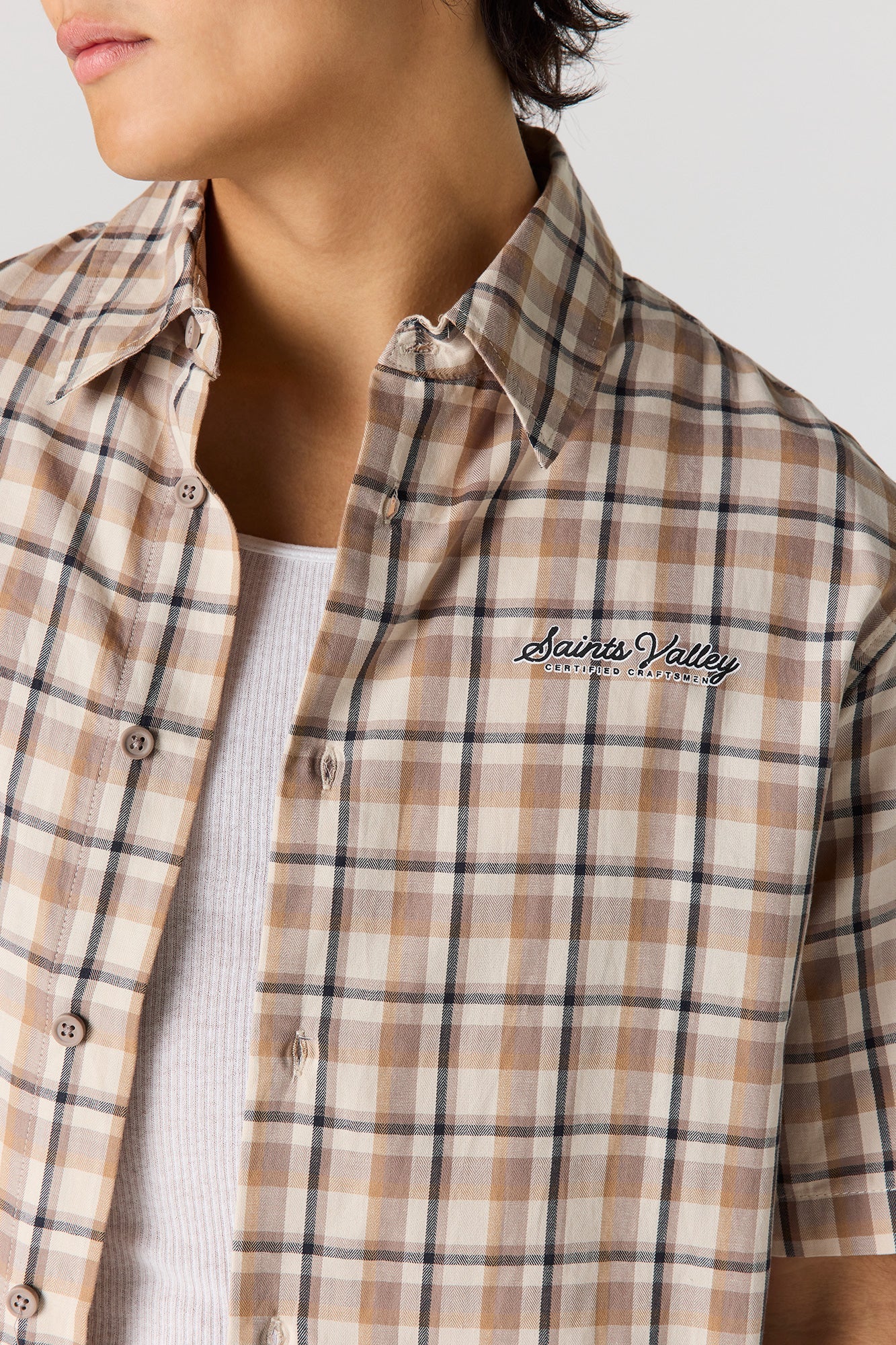 Boxy Plaid Graphic Button-Up Top