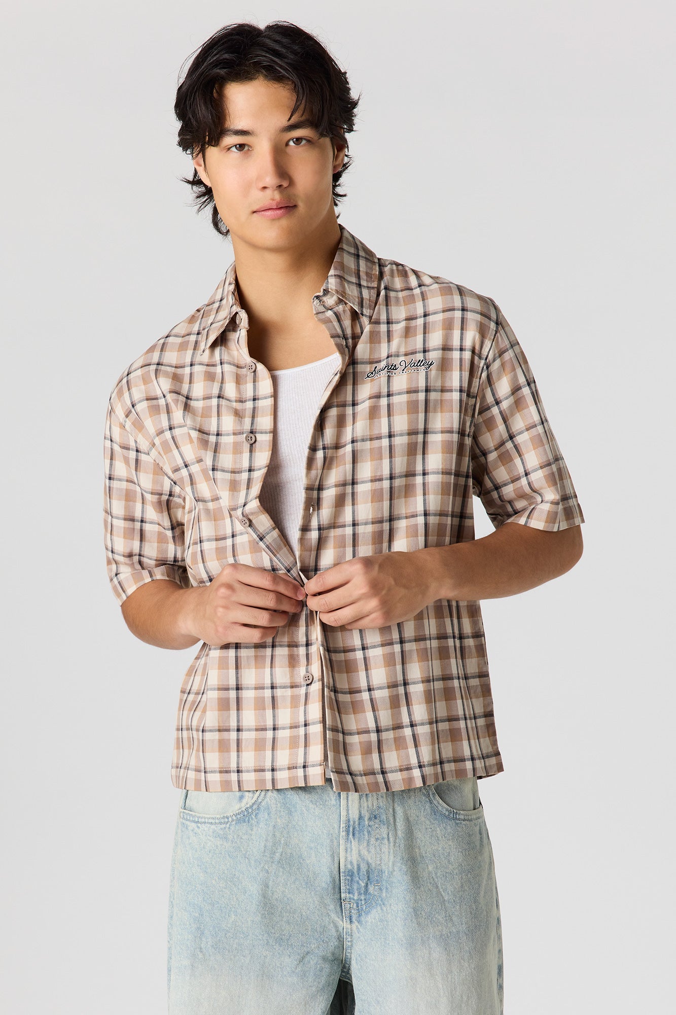 Boxy Plaid Graphic Button-Up Top