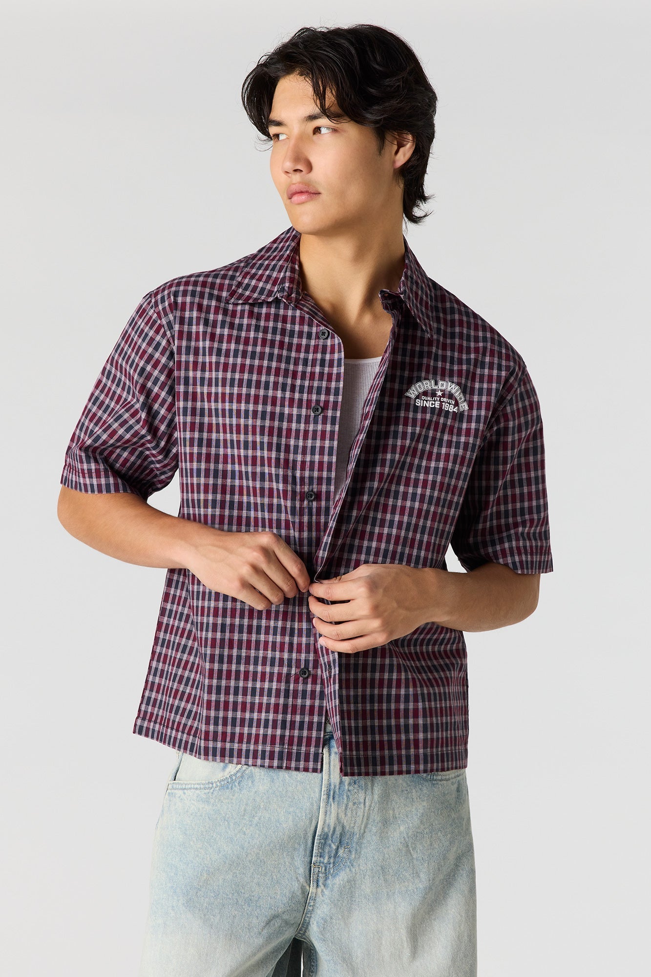 Boxy Plaid Graphic Button-Up Top