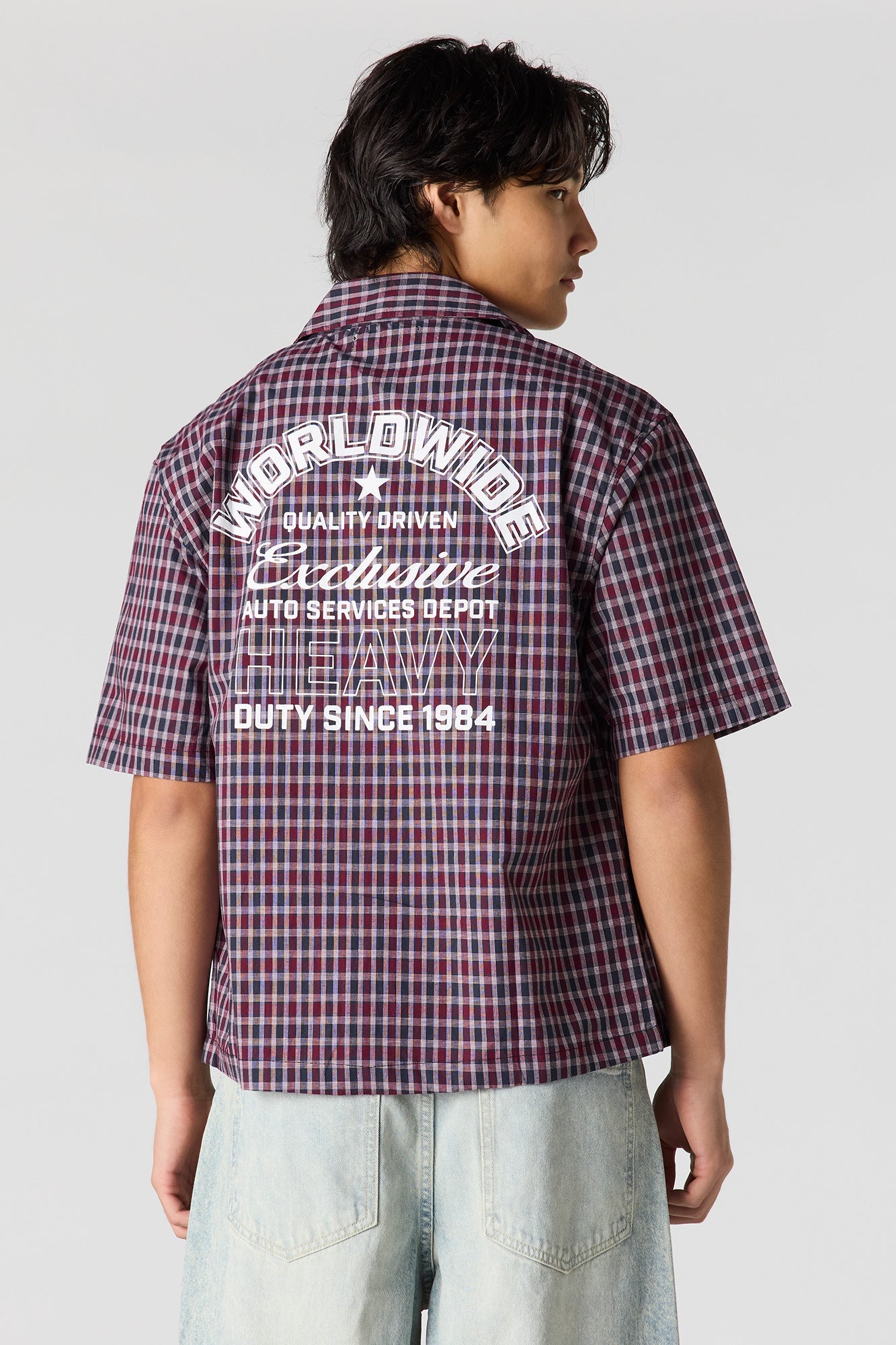 Boxy Plaid Graphic Button-Up Top