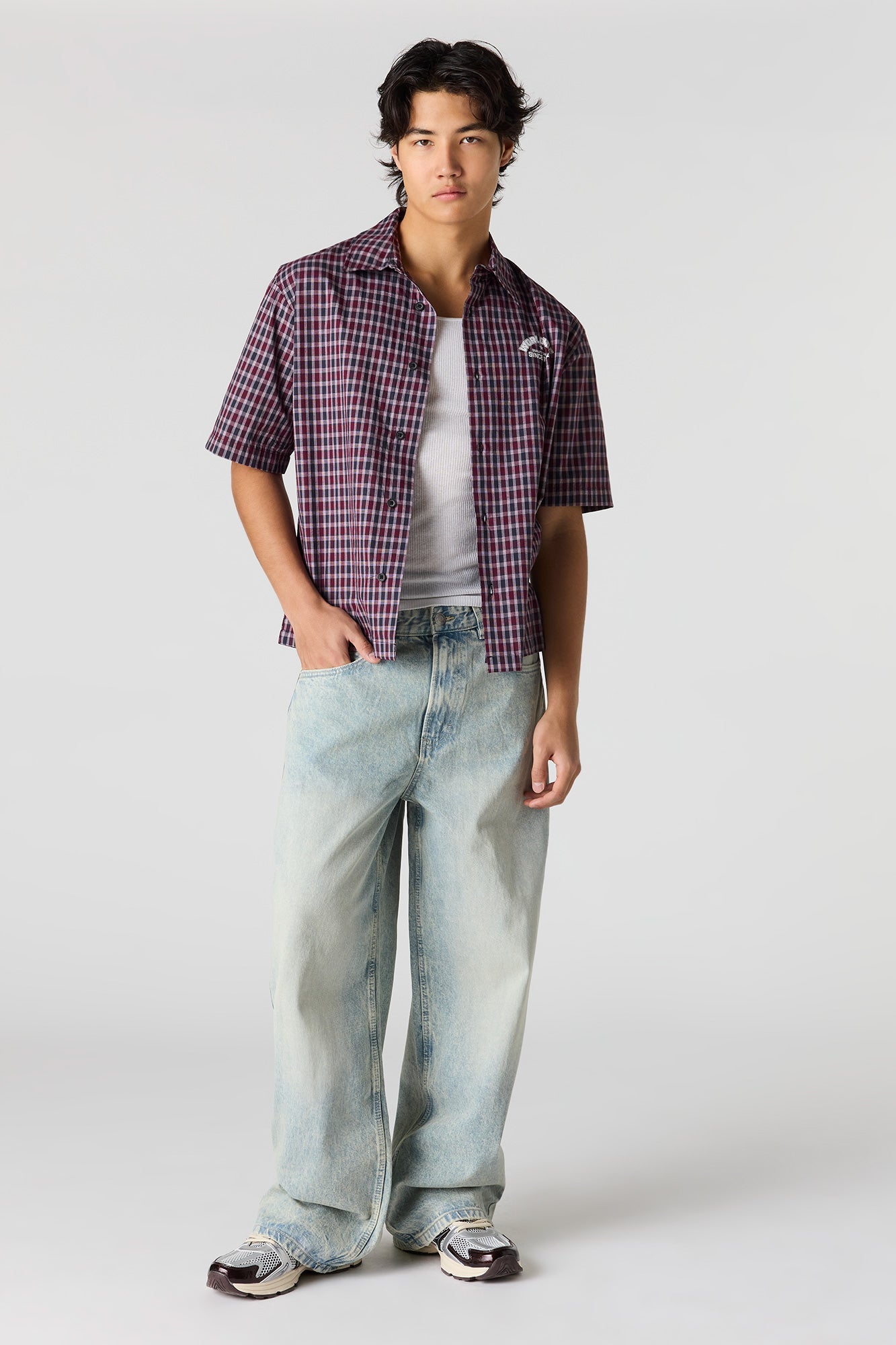 Boxy Plaid Graphic Button-Up Top