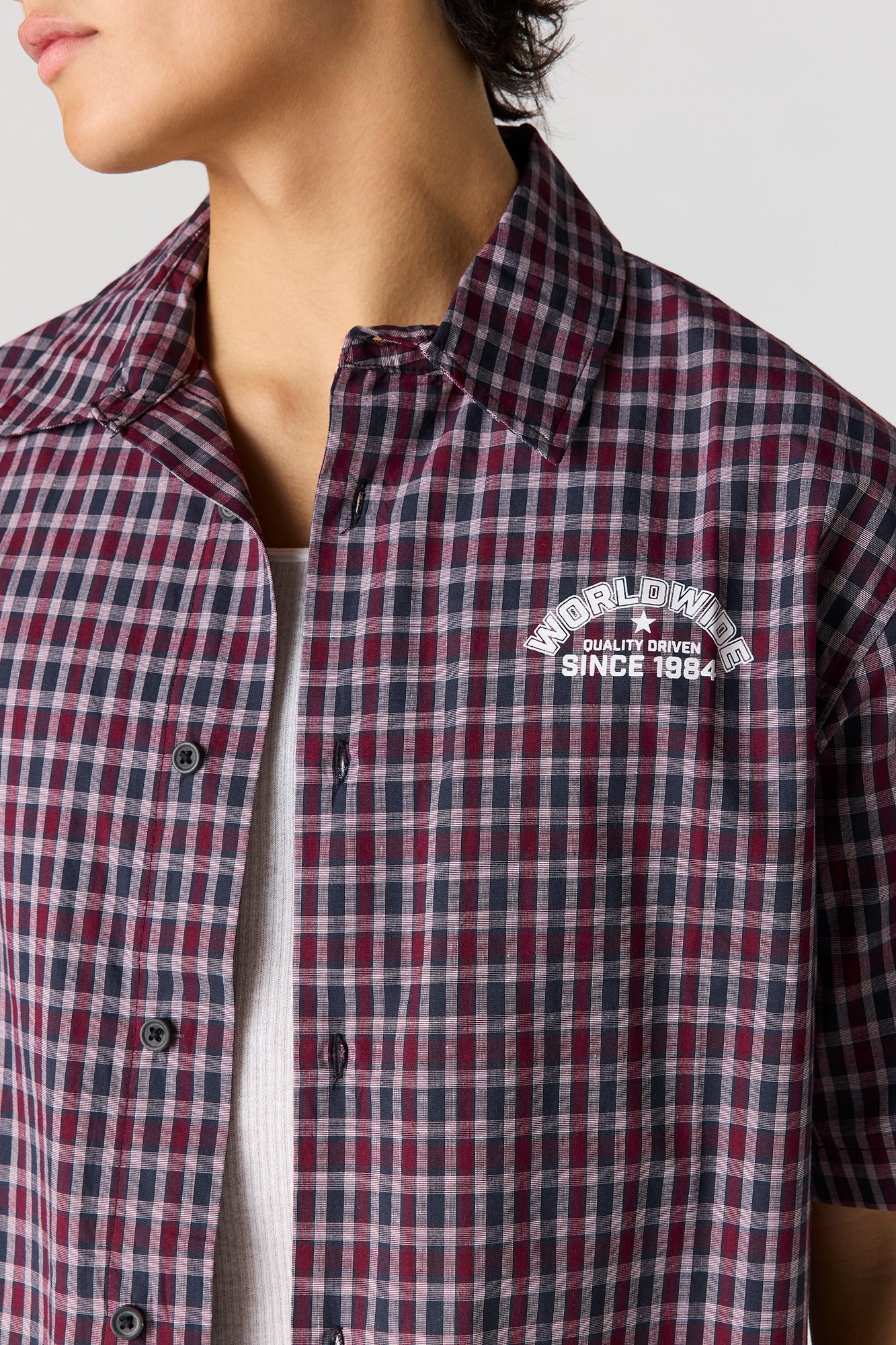 Boxy Plaid Graphic Button-Up Top