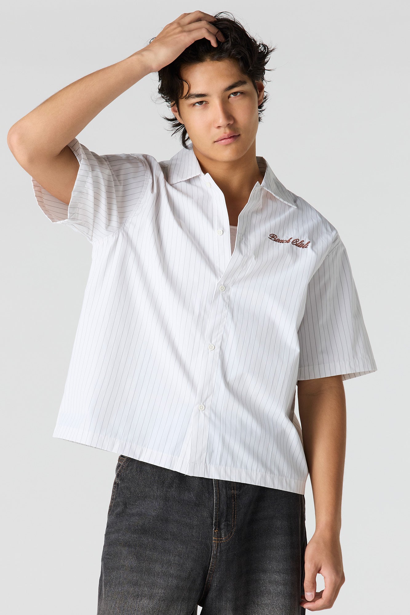 Boxy Striped Graphic Button-Up Top