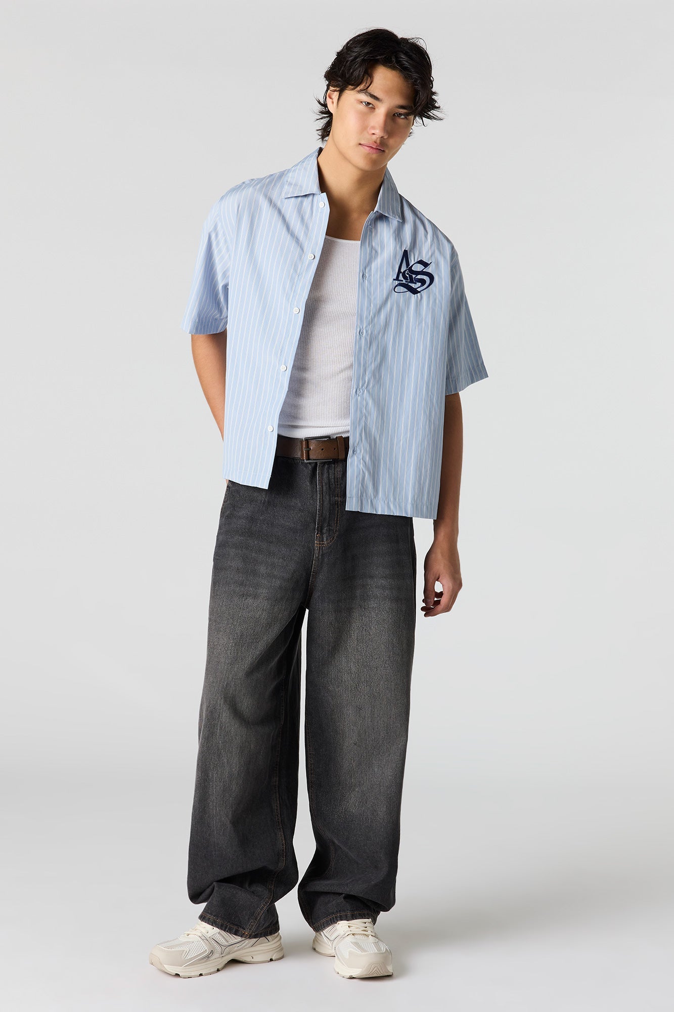 Boxy Striped Graphic Button-Up Top
