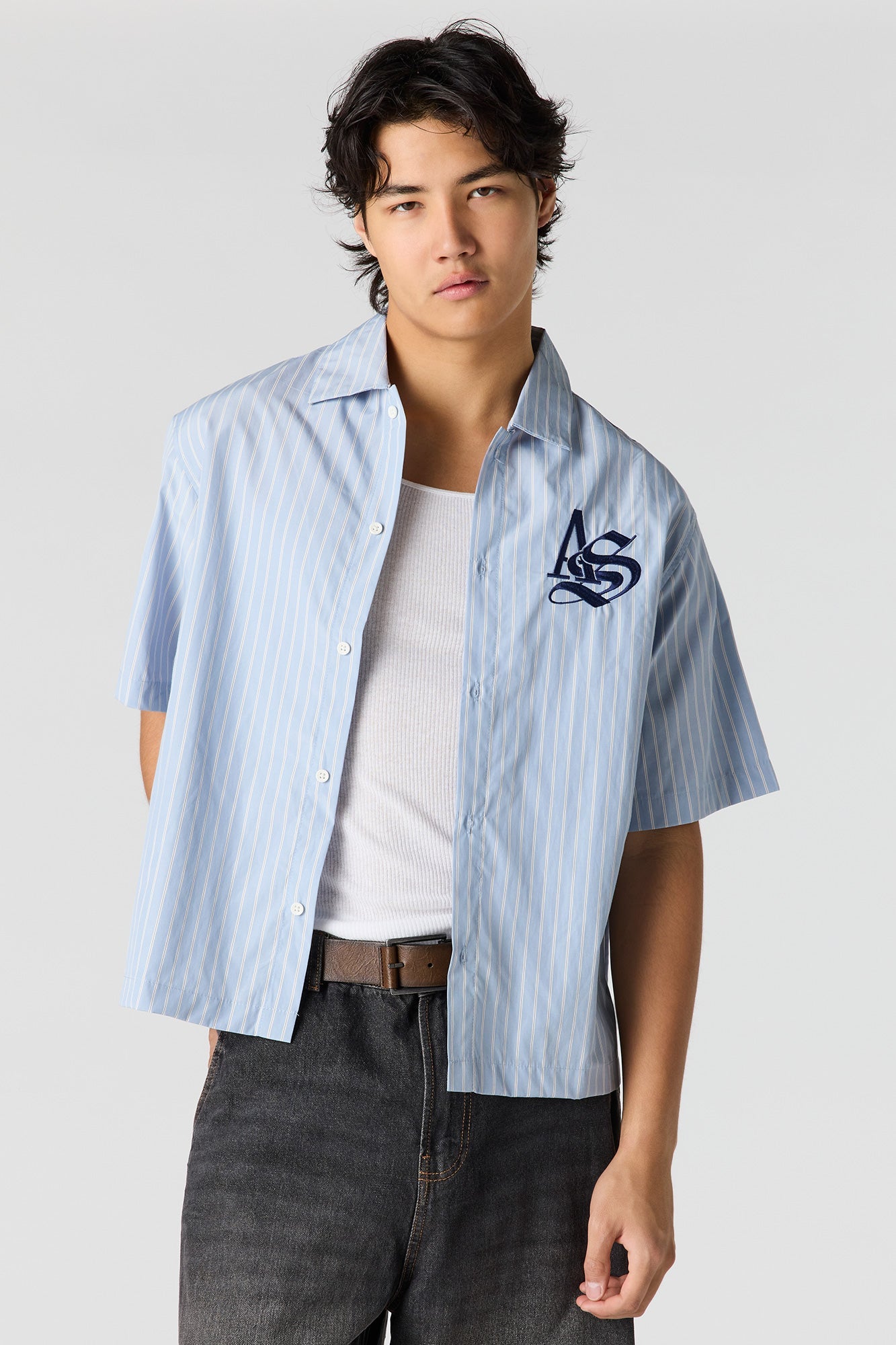 Boxy Striped Graphic Button-Up Top