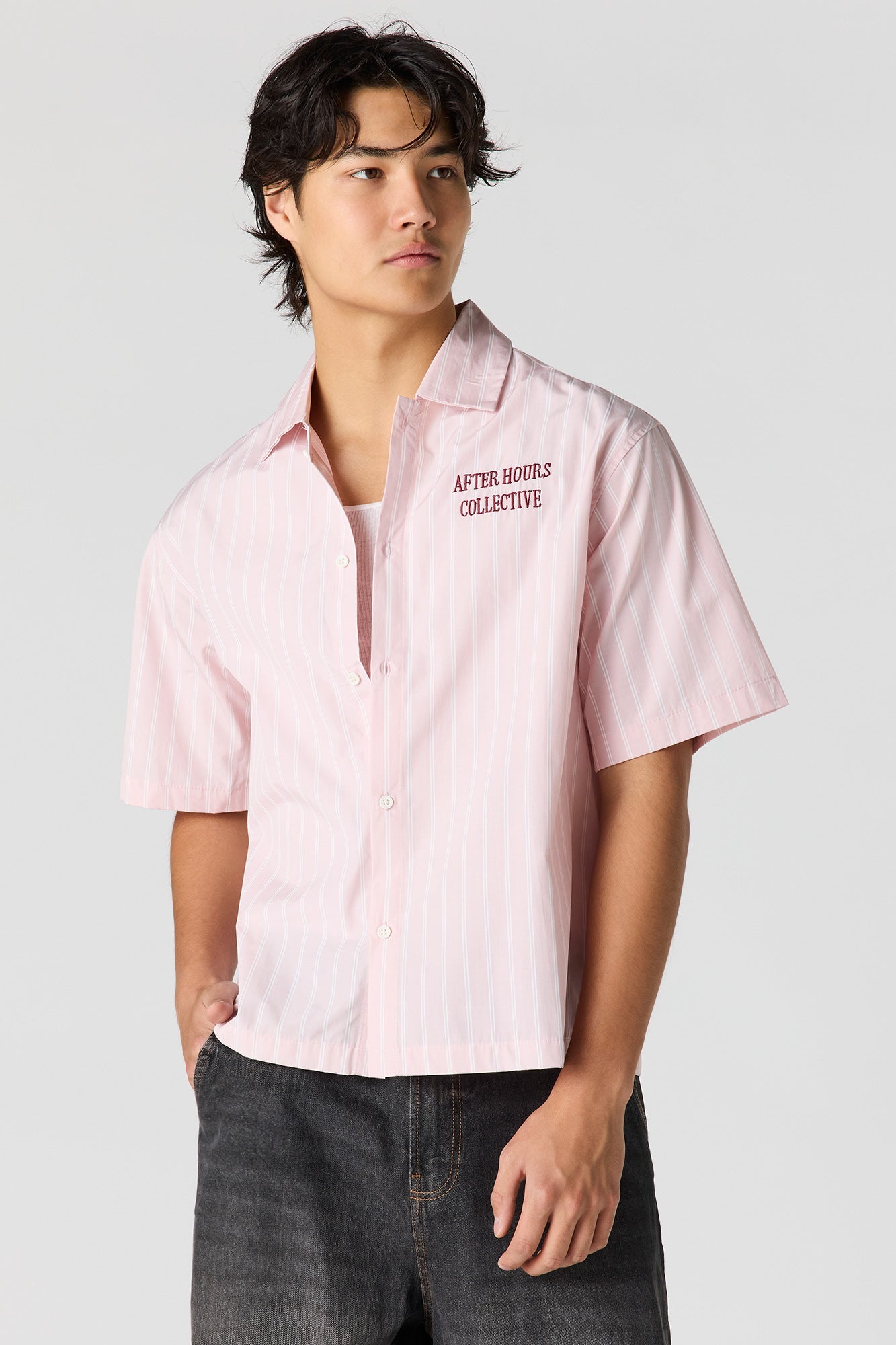 Boxy Striped Graphic Button-Up Top