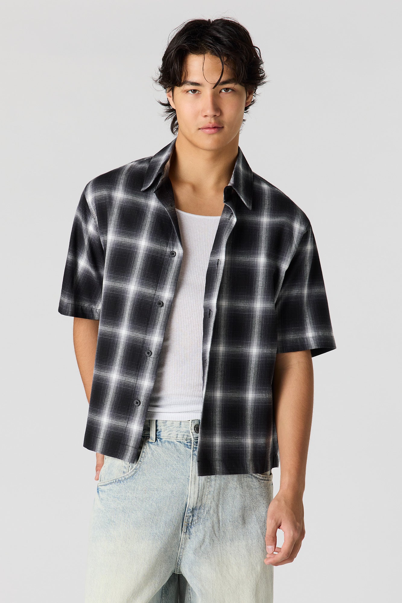 Boxy Plaid Button-Up Top