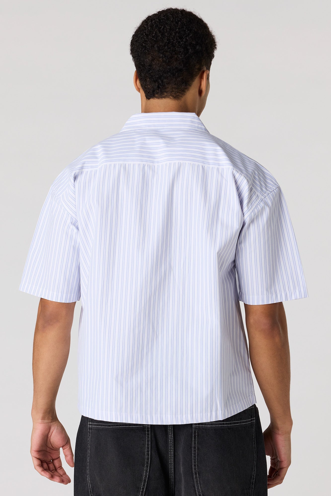 Poplin Striped Button-Up Collared Boxy Top
