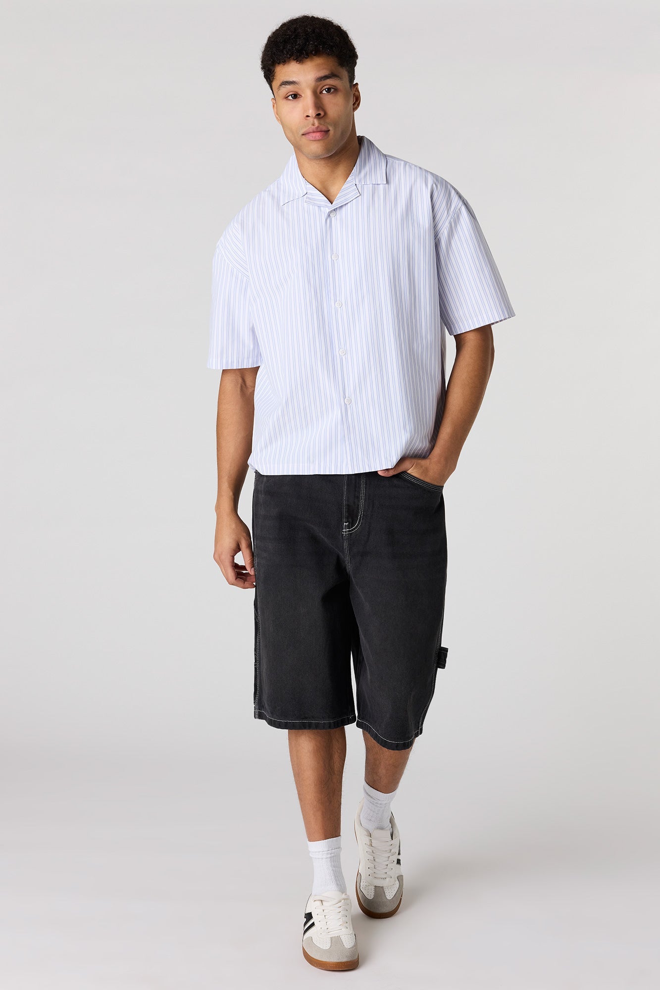 Poplin Striped Button-Up Collared Boxy Top