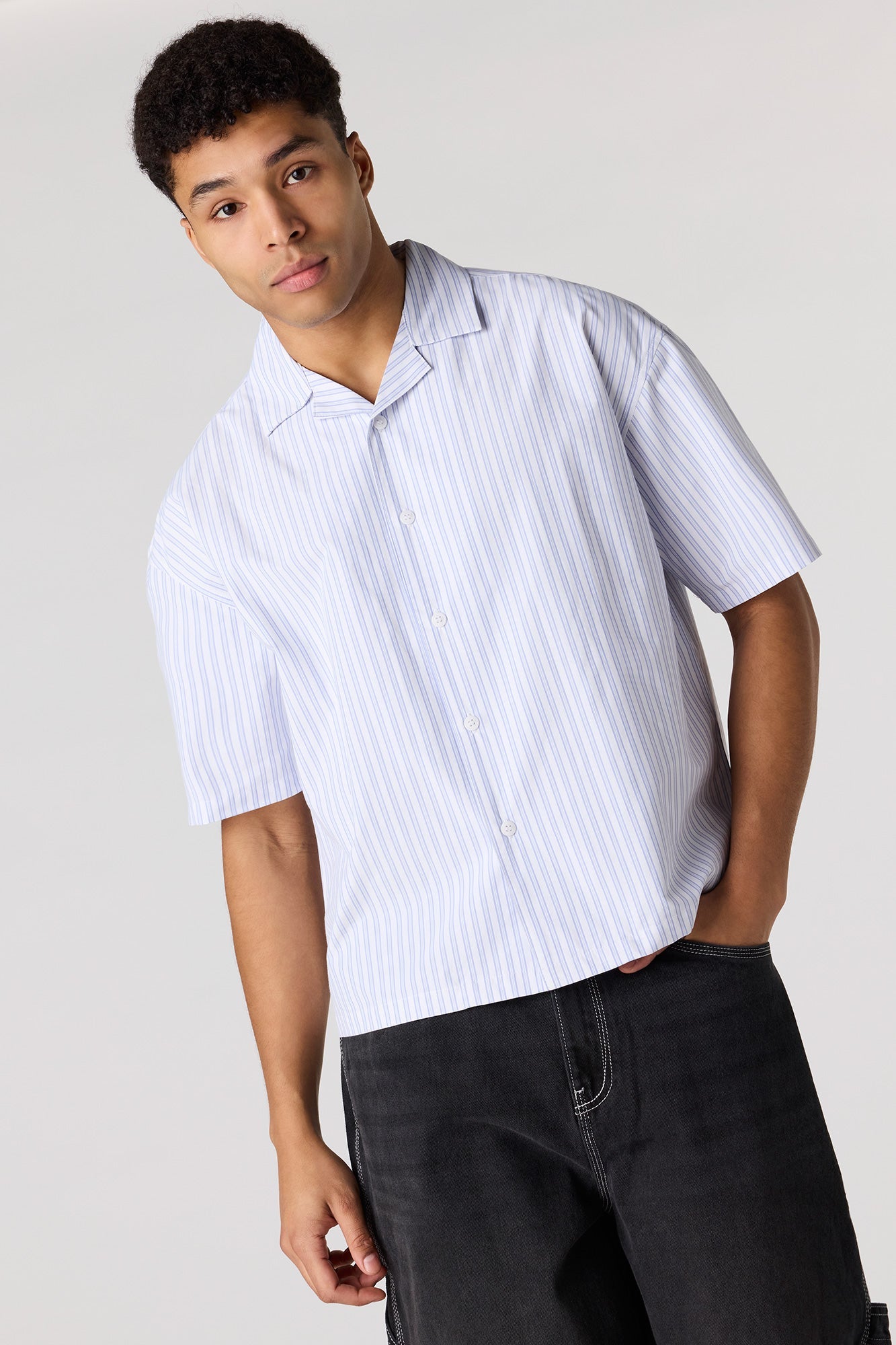 Poplin Striped Button-Up Collared Boxy Top