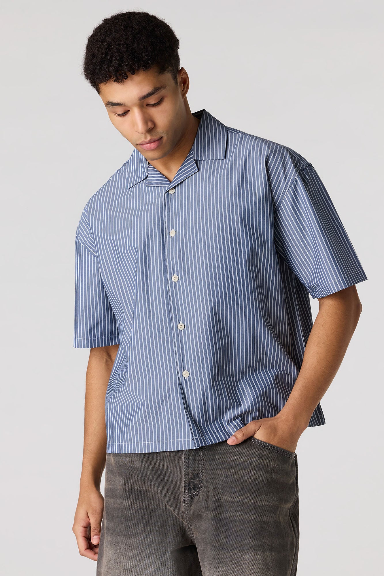 Poplin Striped Button-Up Collared Boxy Top