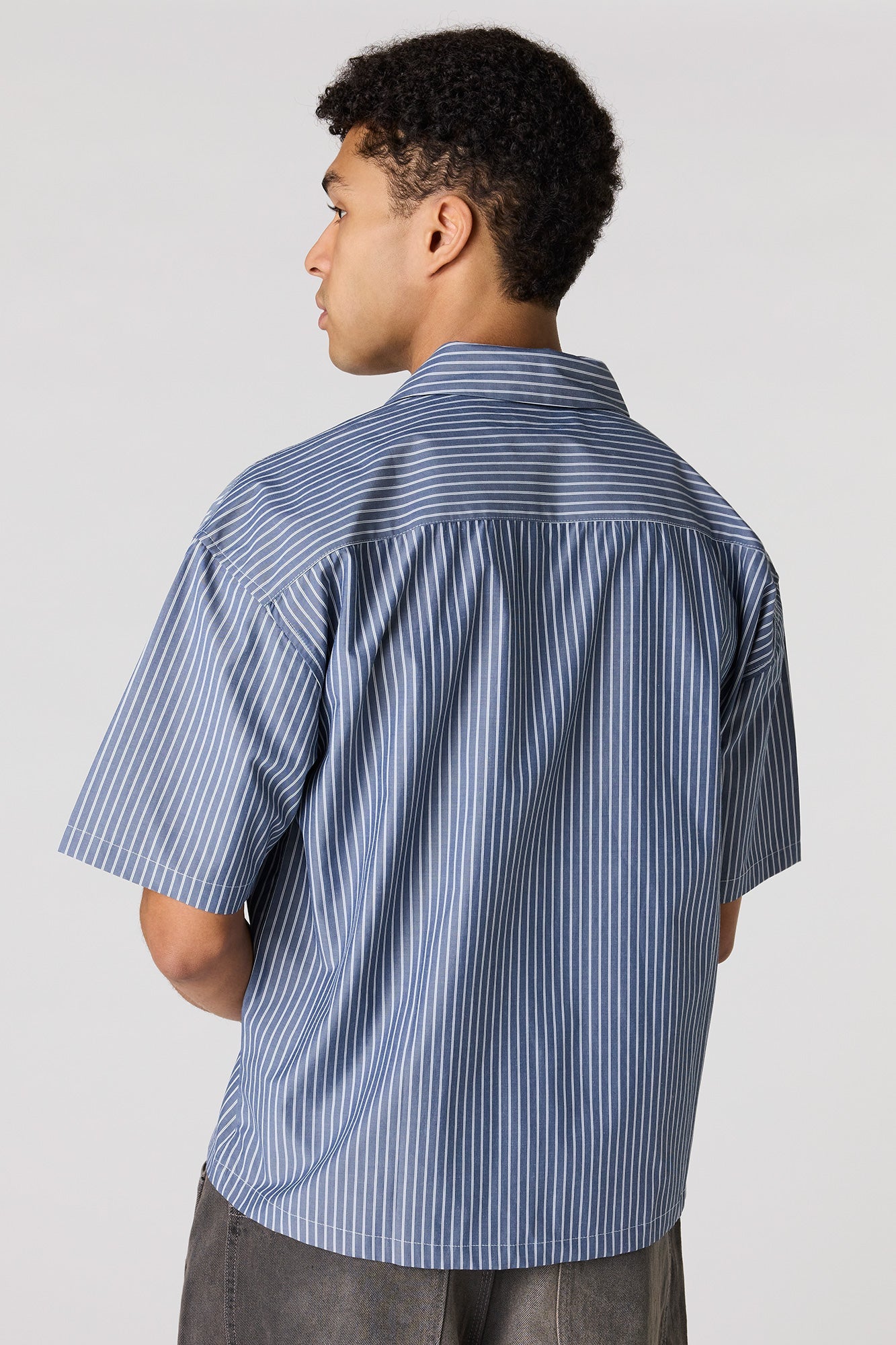 Poplin Striped Button-Up Collared Boxy Top