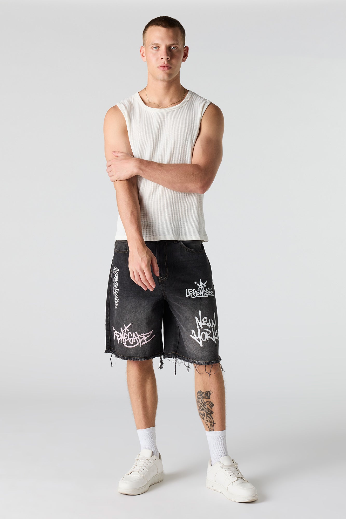 Graffiti Printed Ripped Denim Short