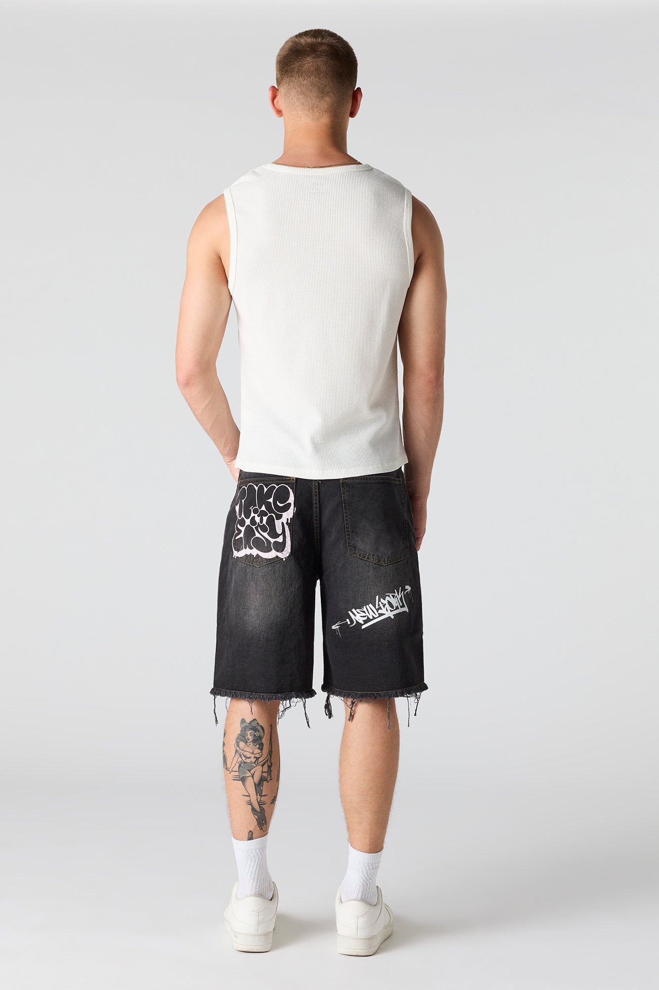 Graffiti Printed Ripped Denim Short