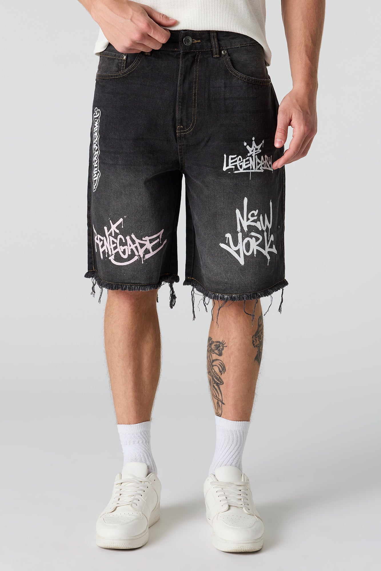 Graffiti Printed Ripped Denim Short