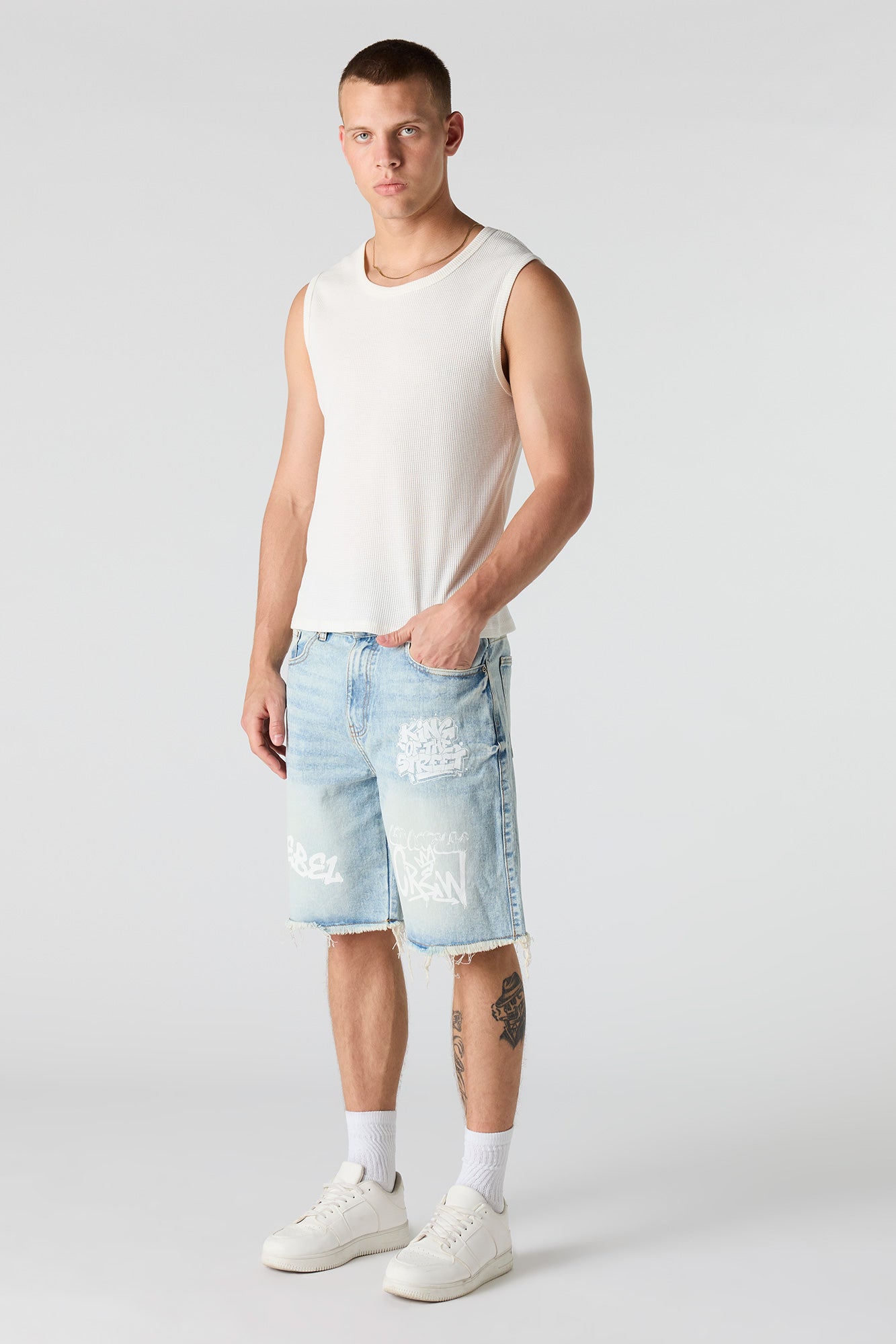 Graffiti Printed Ripped Denim Short
