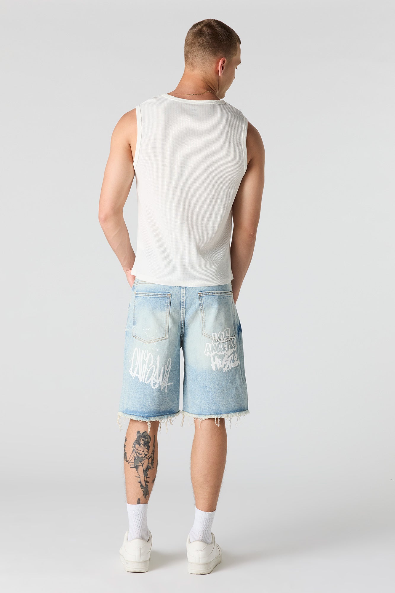 Graffiti Printed Ripped Denim Short