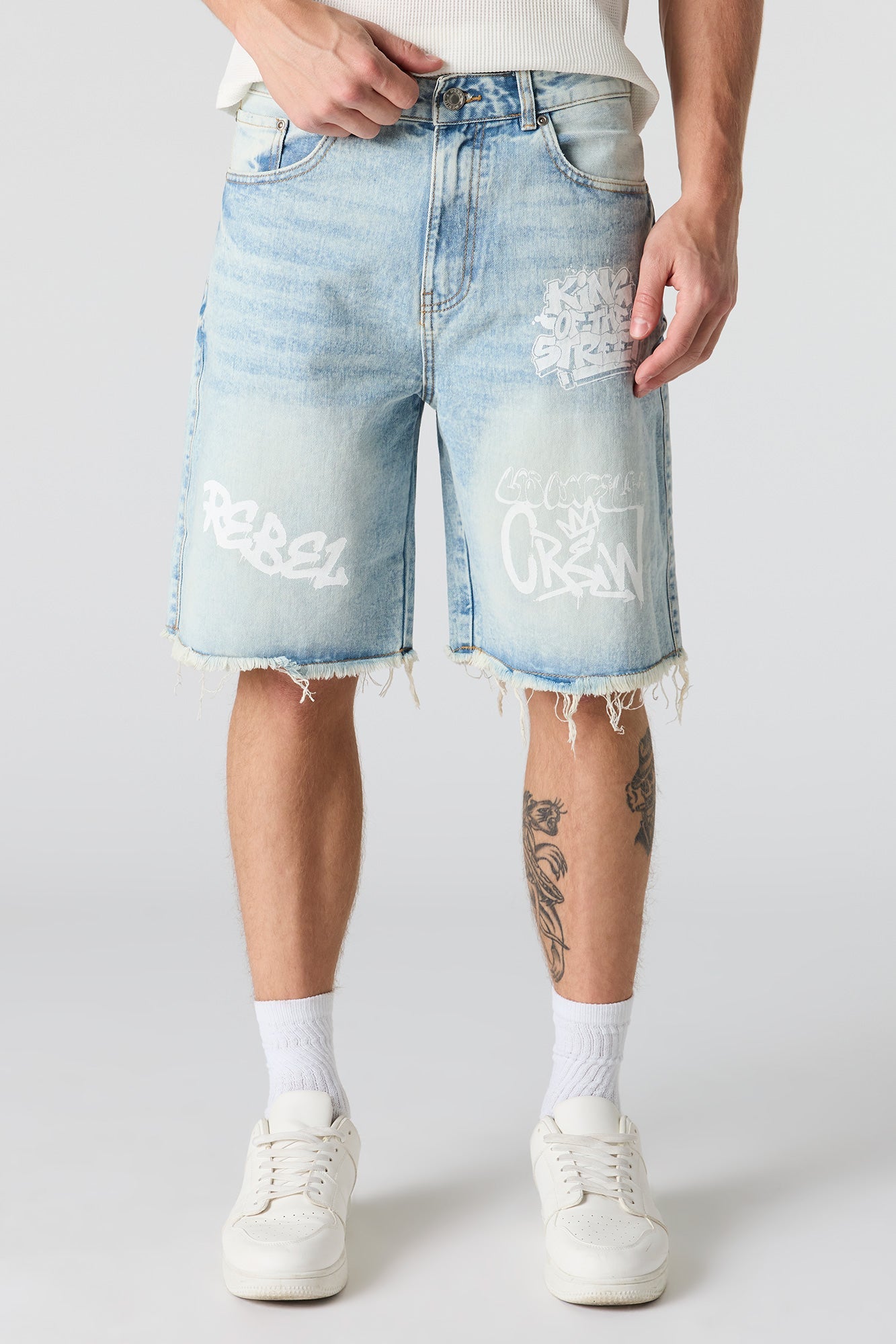 Graffiti Printed Ripped Denim Short