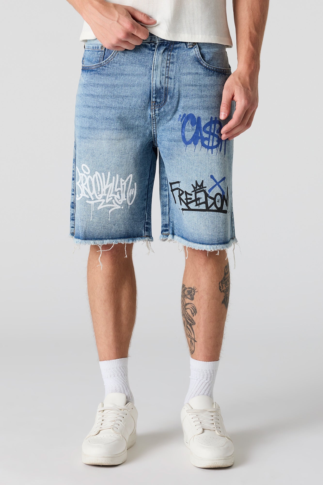 Graffiti Printed Ripped Denim Short