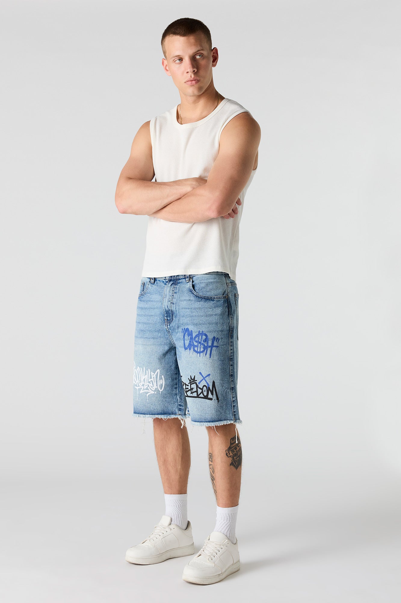 Graffiti Printed Ripped Denim Short