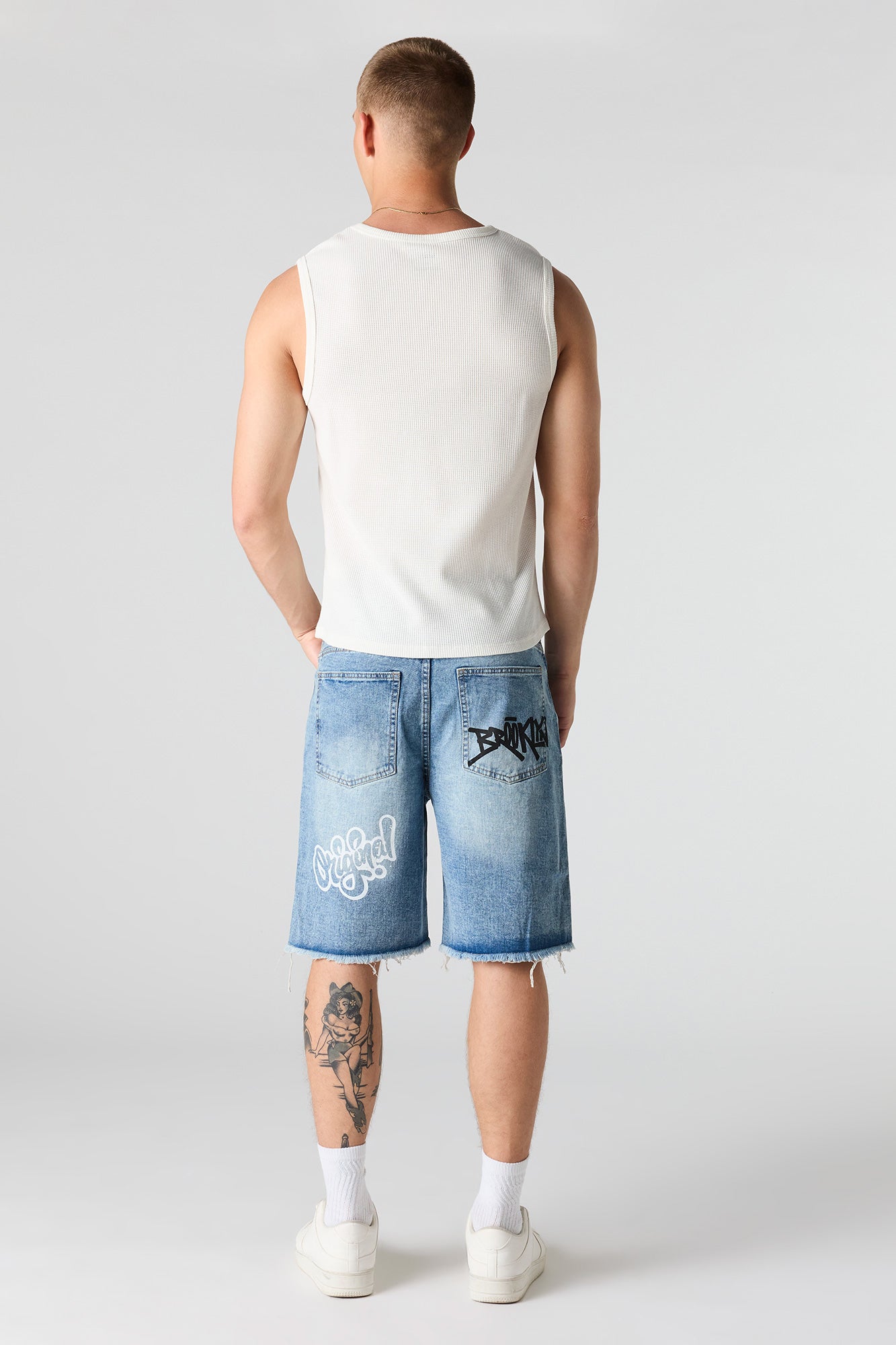 Graffiti Printed Ripped Denim Short