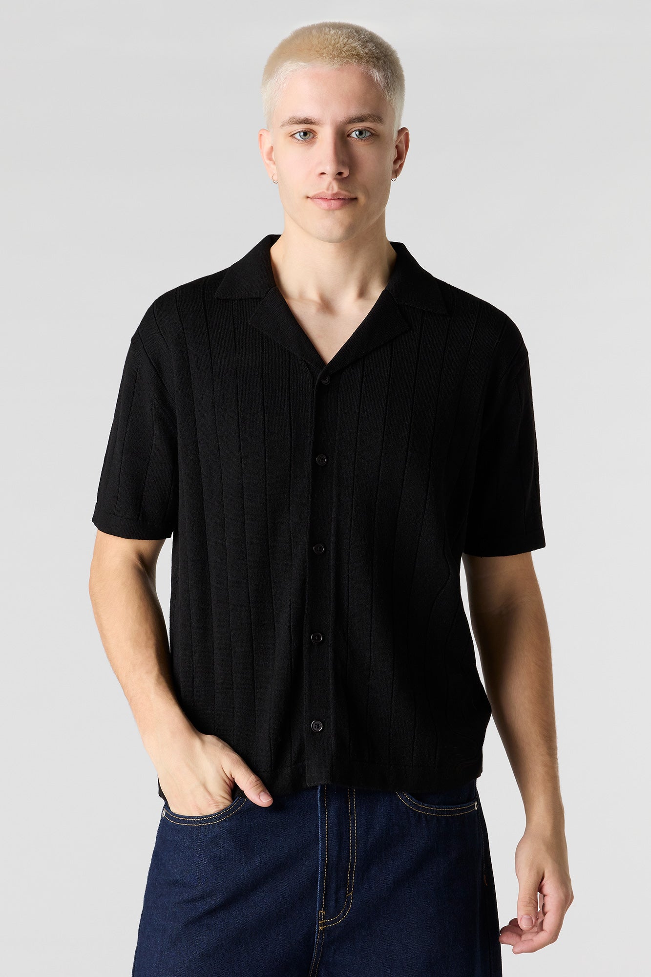 Ribbed Knit Button-Up Top
