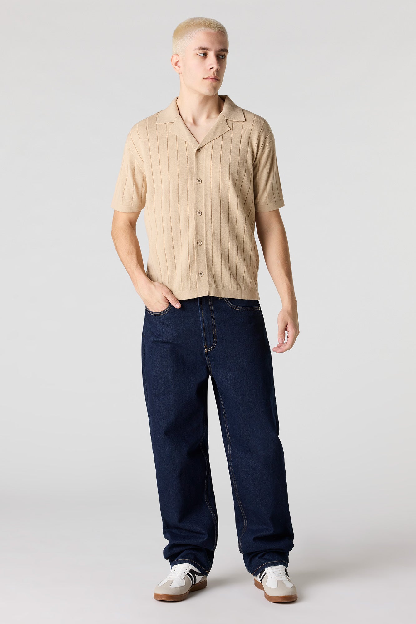 Ribbed Knit Button-Up Top