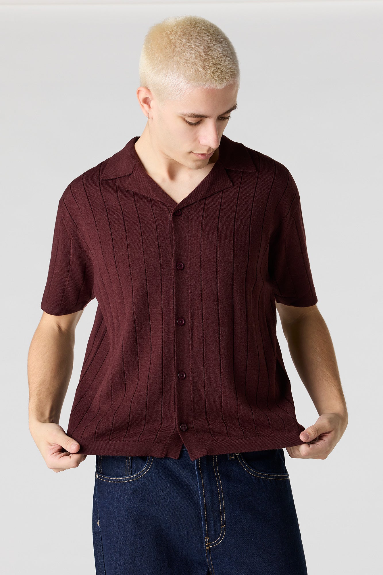 Ribbed Knit Button-Up Top