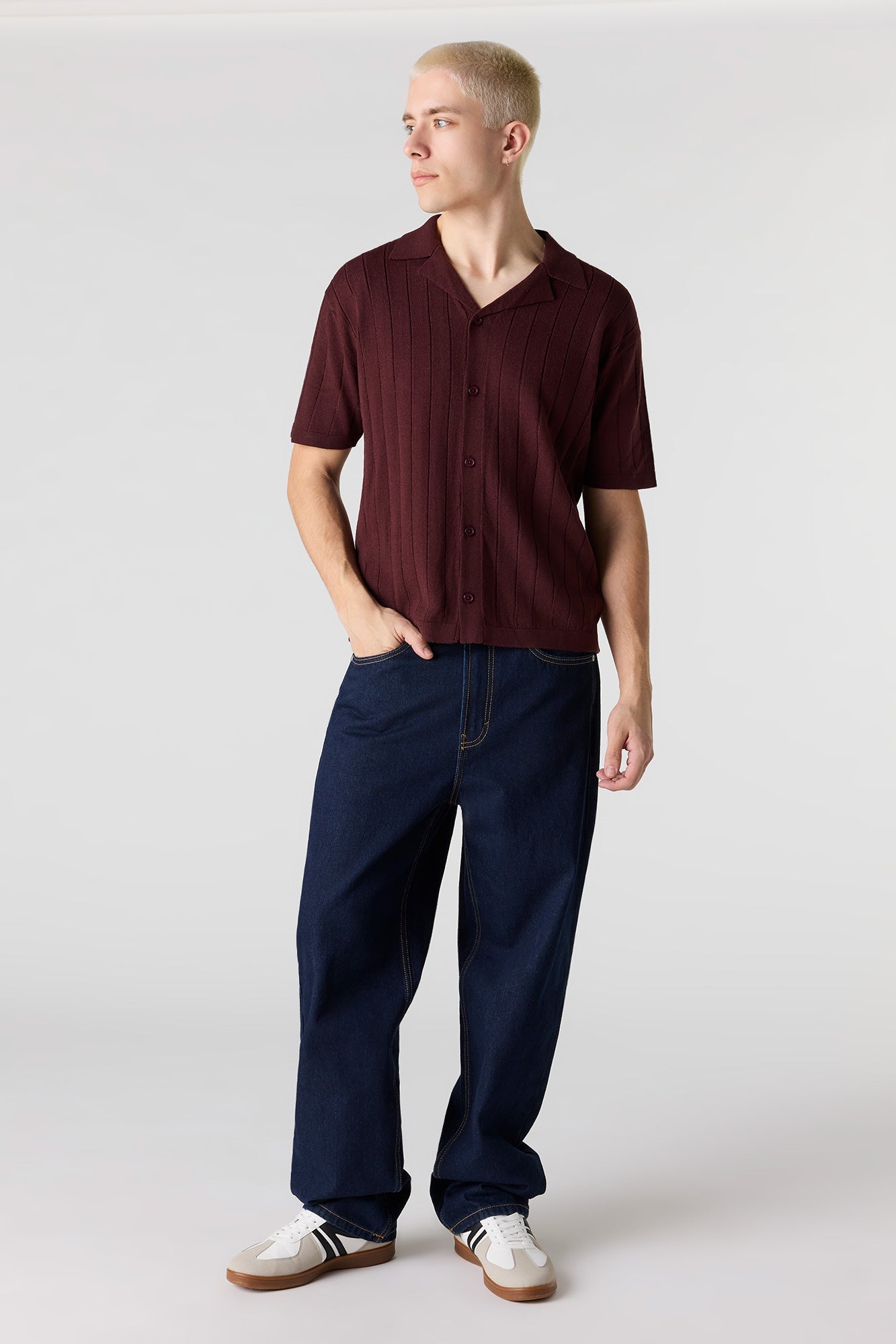 Ribbed Knit Button-Up Top