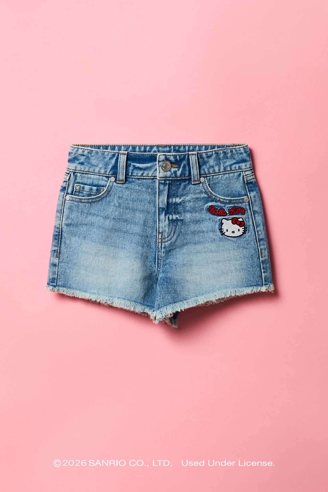 Hello Kitty® Girls Embroidered High Rise Denim Short