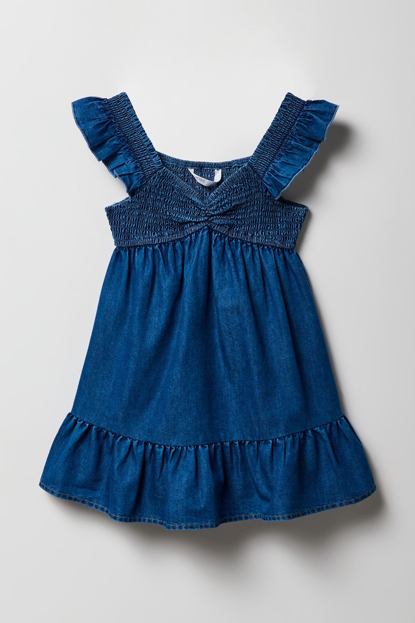 Girls Chambray Flutter Sleeve Romper Dress