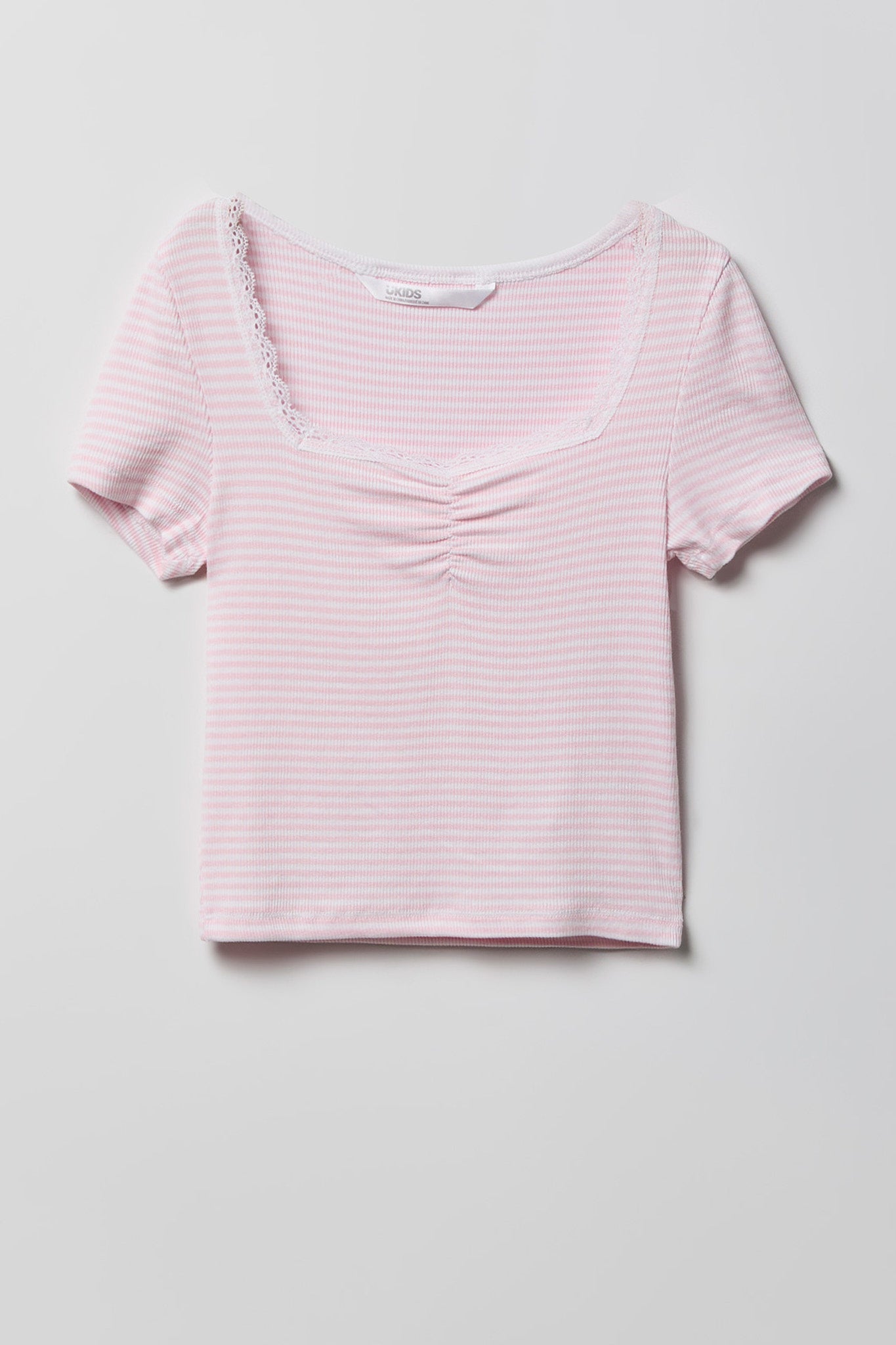 Girls Striped Ribbed Lace Trim T-Shirt