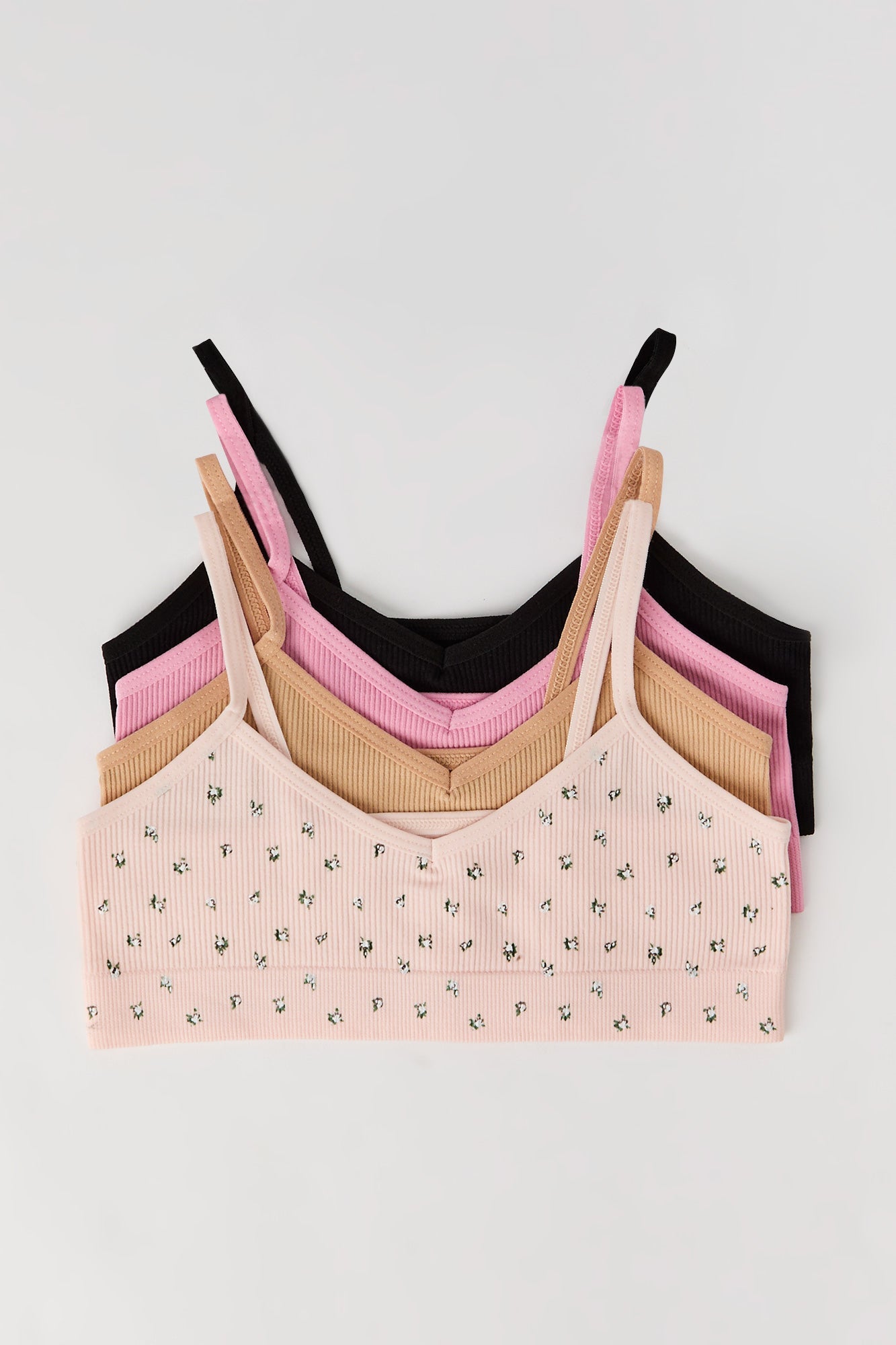 Girls Floral & Solid Seamless Ribbed Bralette (4 Pack)
