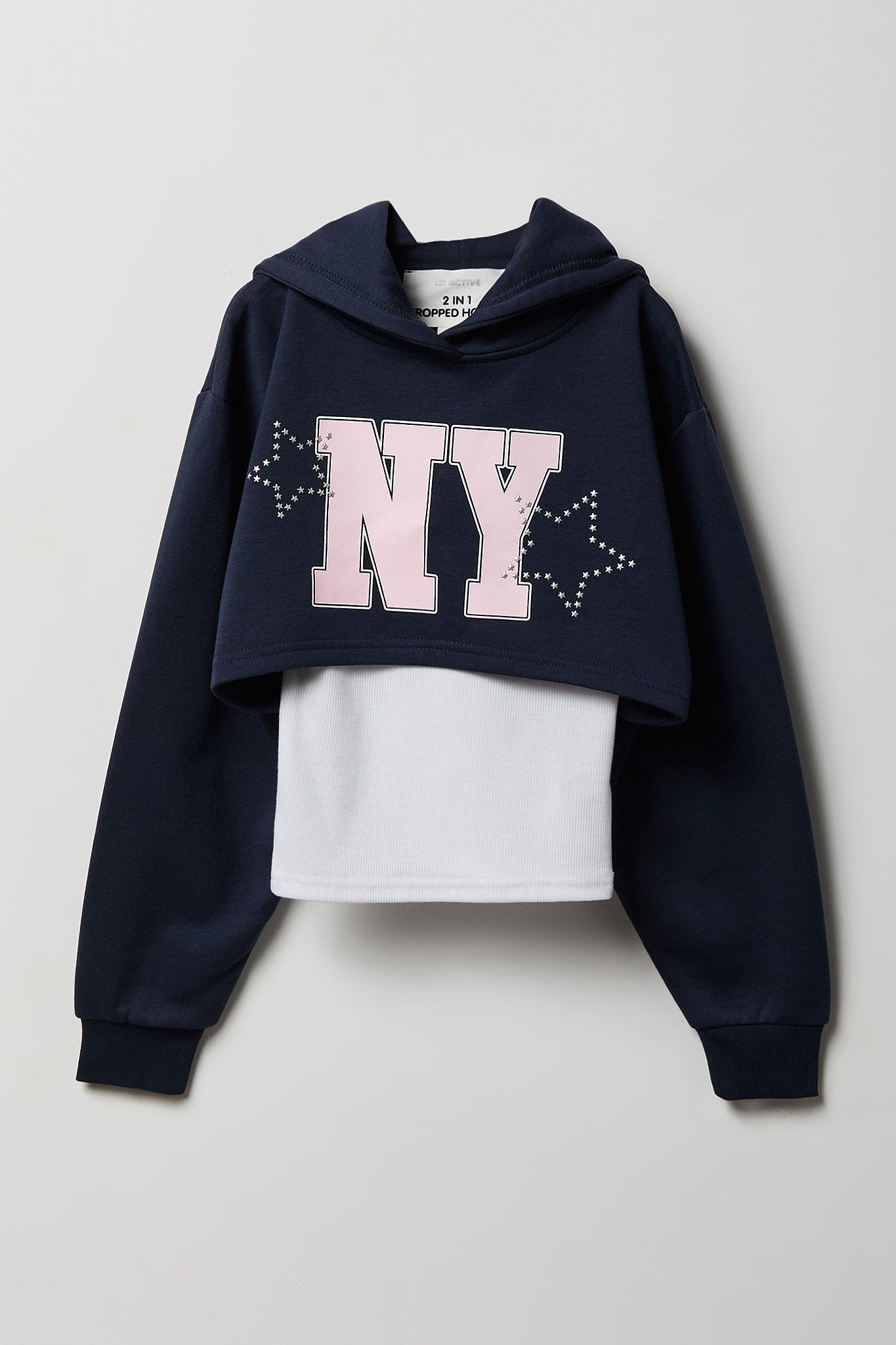 Girls Rhinestone Fleece Layered Hoodie