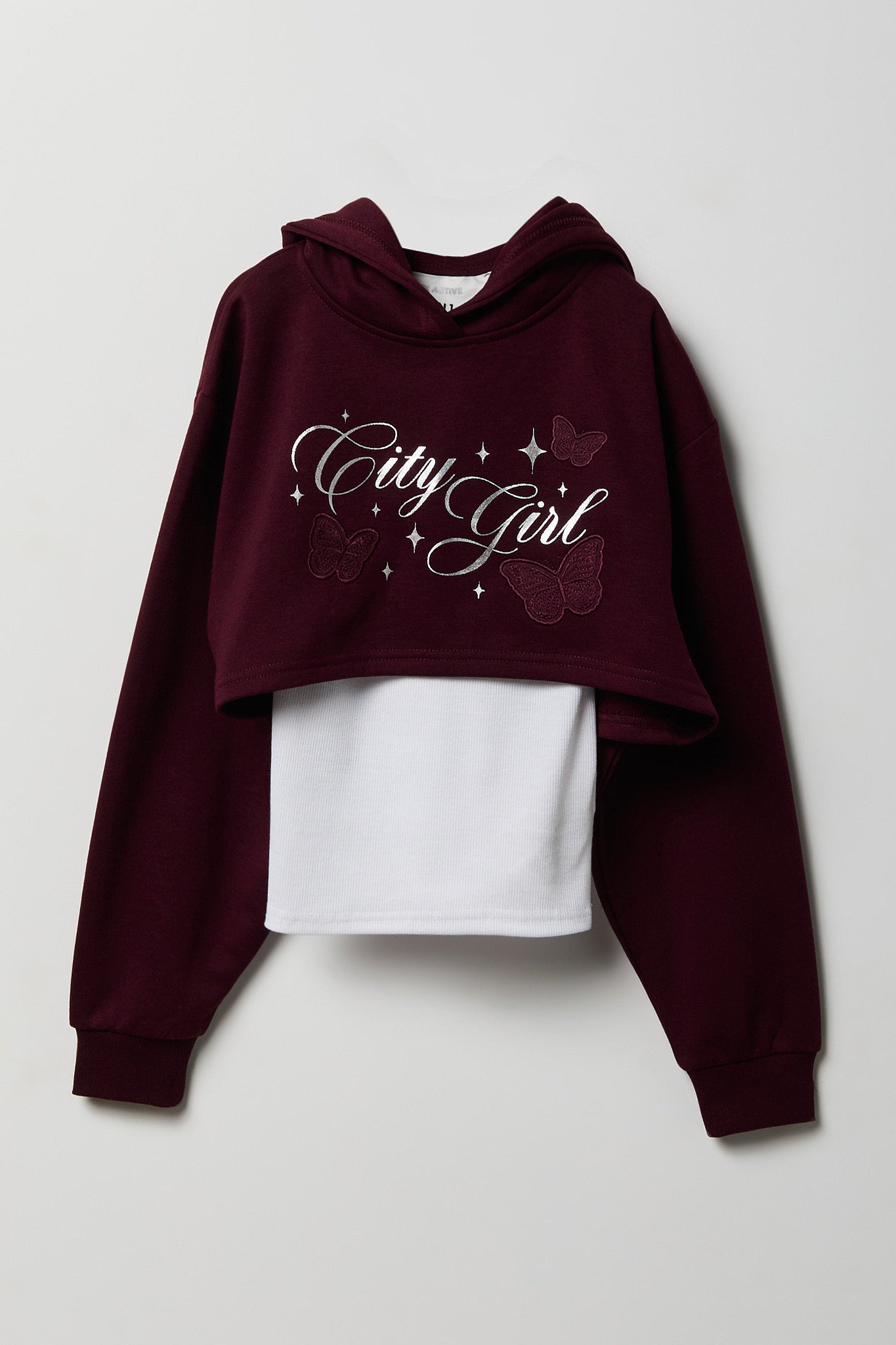Girls Rhinestone Fleece Layered Hoodie