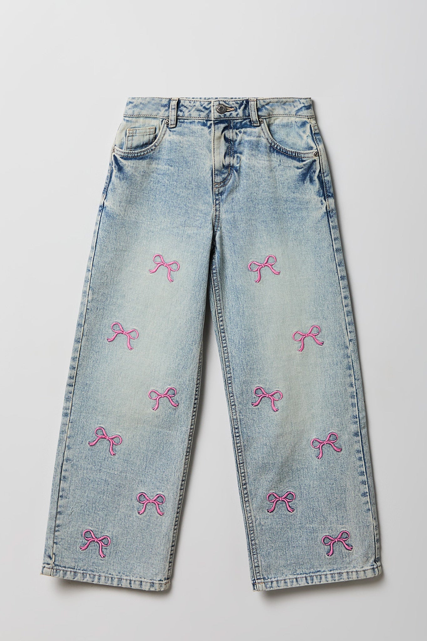 Girls Bow Embroidered Mid Rise Baggy Wide Leg Jean