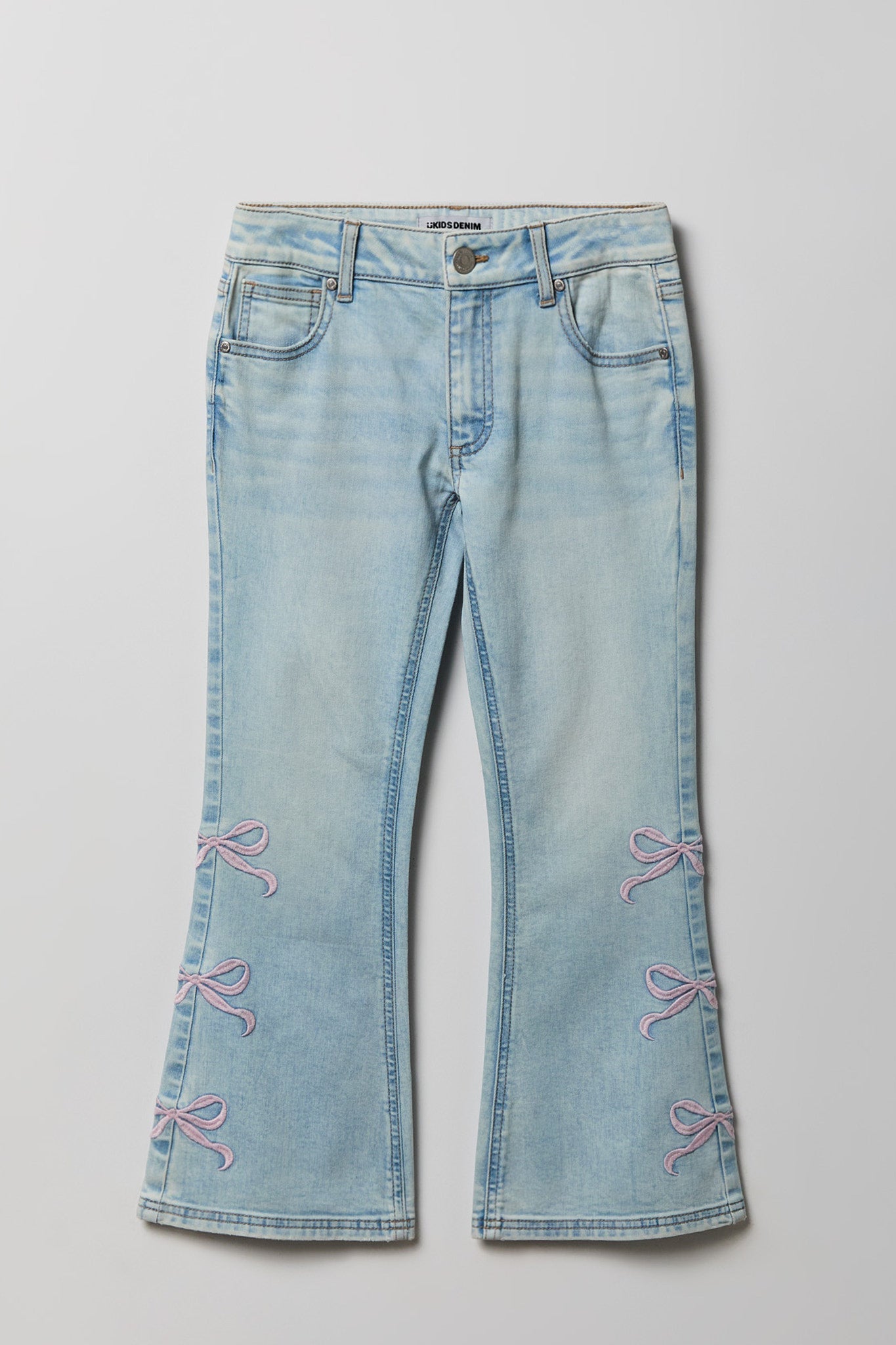 Girls Bow Embroidered Mid Rise Flare Jean